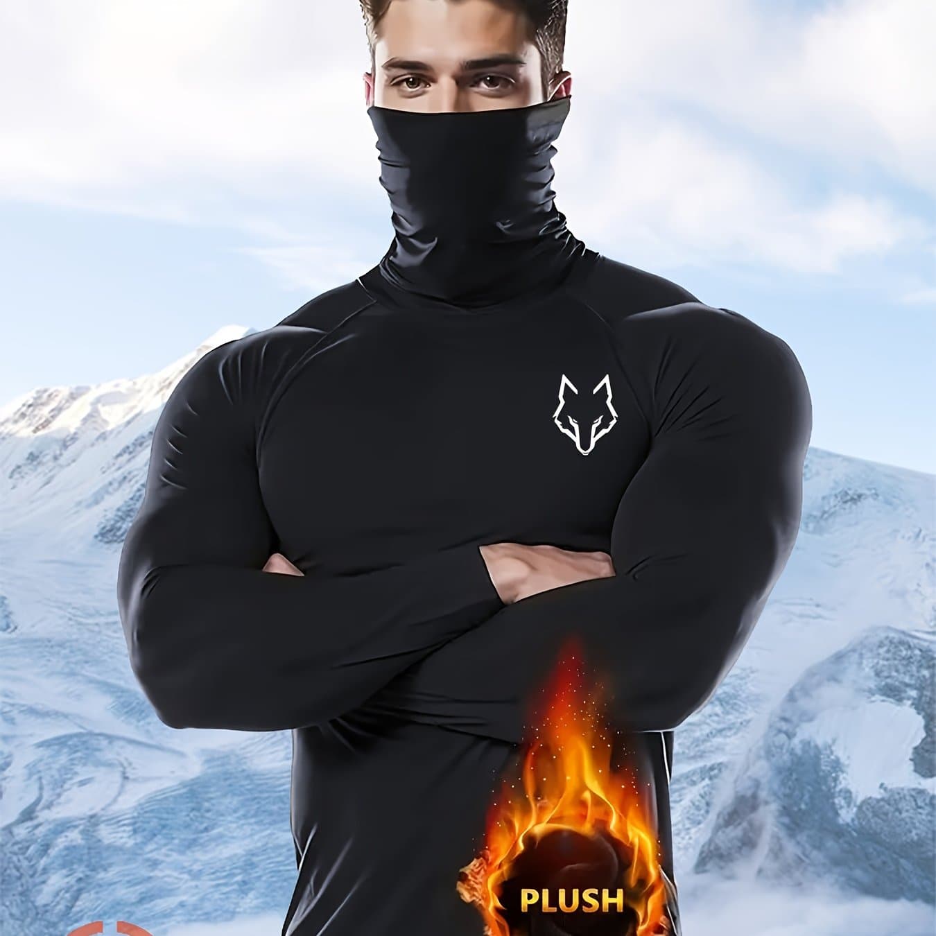 TEMU Men's Black Thermal Base Layer Shirt Featuring A Wolf Logo, Lined With Plush Fleece, Designed For Skiing, Snowboarding, And Mountaineering In