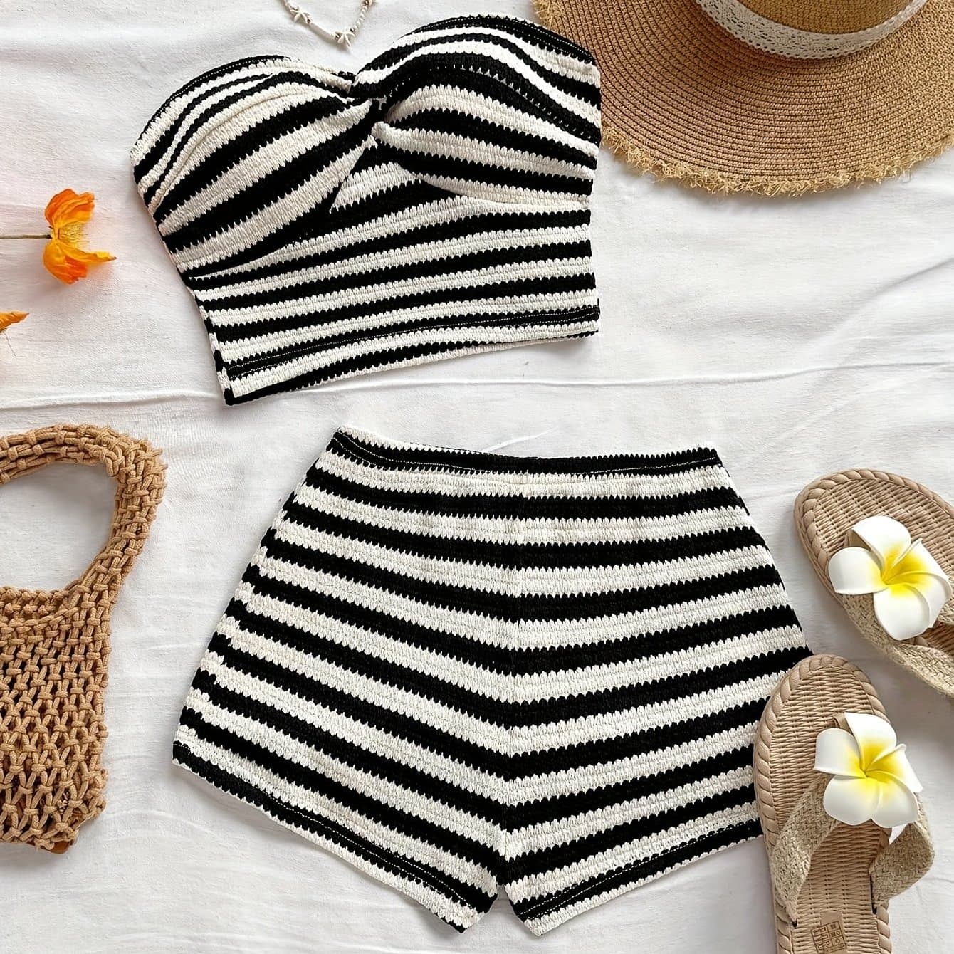 TEMU Women's Striped Twist Cami Top And Shorts Set, Perfect For Beach Vacation, Date Night, Party, Office Casual Wear