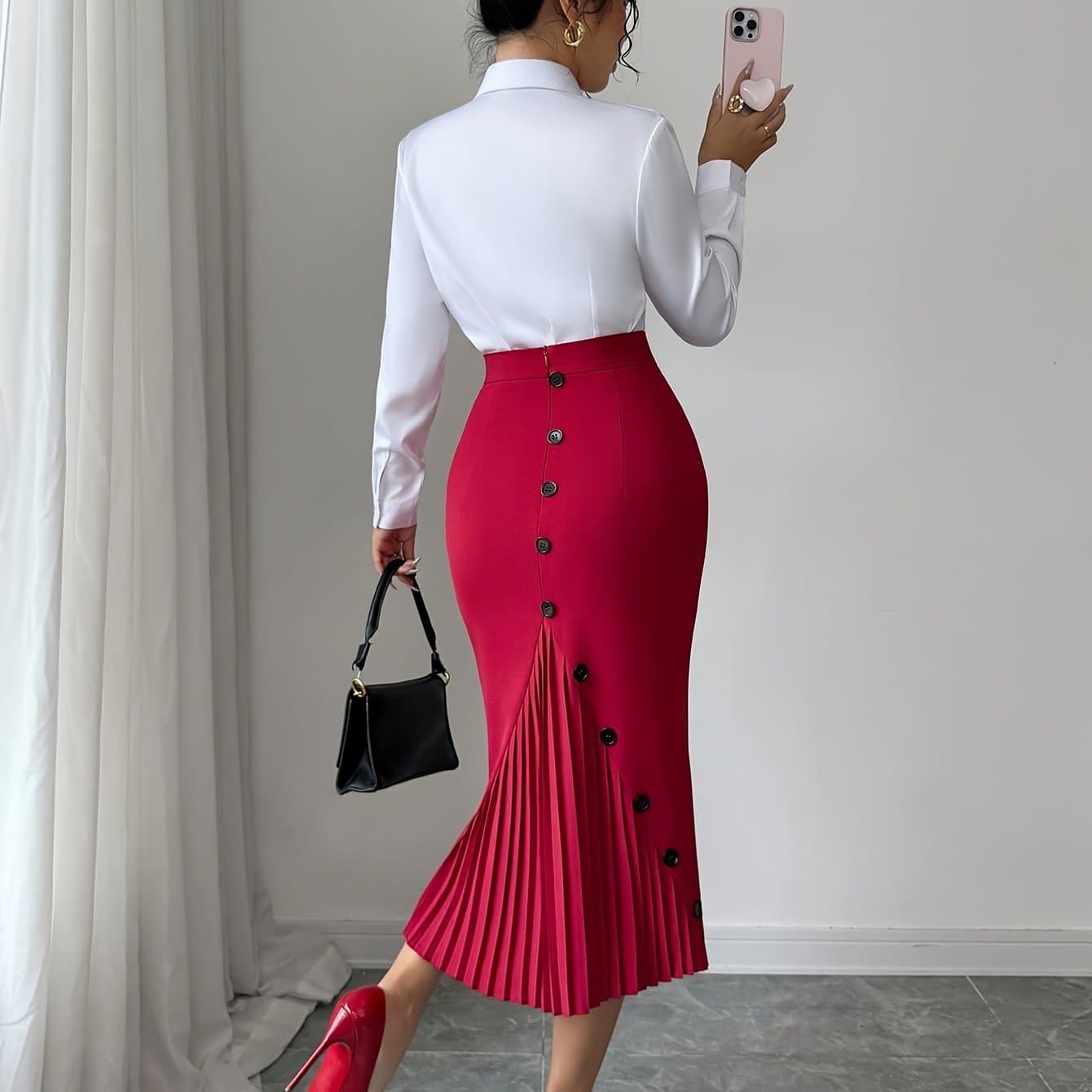 TEMU Elegant Pleated Pencil Skirt - Solid Color Blouse-compatible Suitable For Blouses | Hand Washable Non- Pencil Skirt For Office,, Semi-formal Wear | Spring Summer Fall Wardrobe Essential