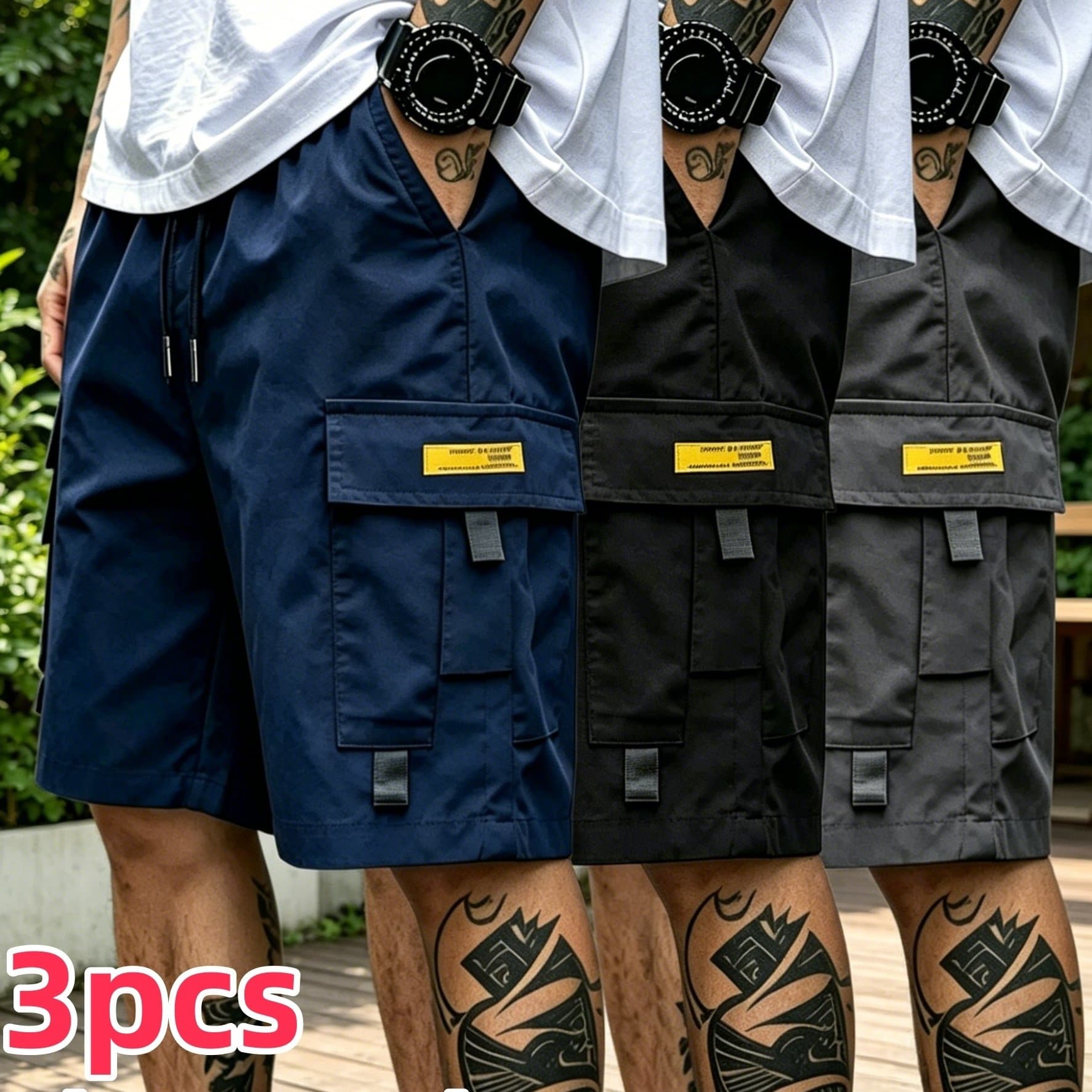 TEMU 3pcsmen's Gray Cargo Shorts Drawstring Waist Loose Fit Multi-pocket Lightweight Summer Casual Shorts, Men's Streetwear Outdoor Daily Bottoms