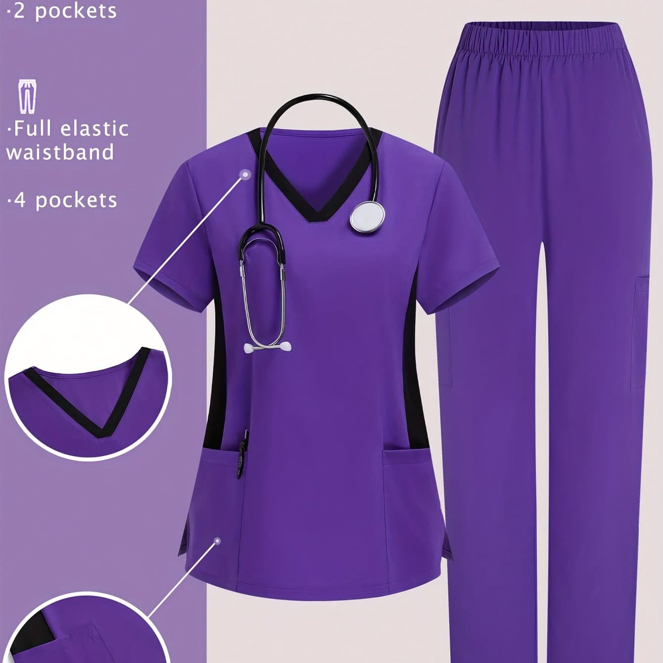 TEMU Taskfit Contrast Color V-neck Scrubs Top And Pants, Uniform Set