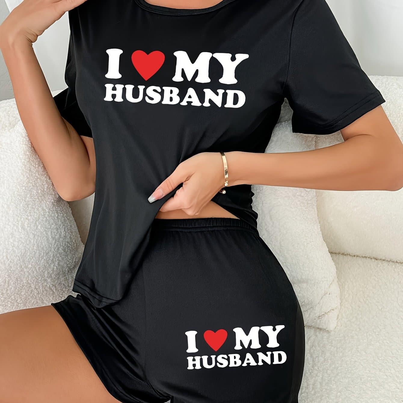 TEMU Women's "i Love My Husband" Printed Short Sleeve Pajama Set - Casual Crew Neck, Short Length, , Casual Attire, Casual Wear,