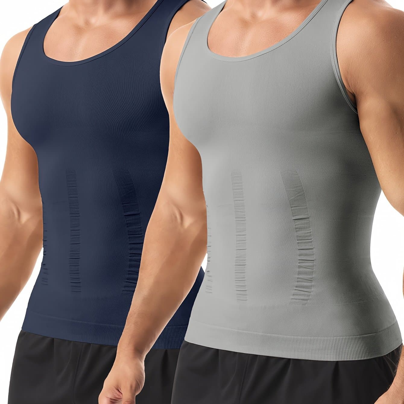 TEMU 2-pc Men's Body Shaper Vest - Slimming Compression Undershirt, Body Shaper And Back Support, Abdominal Control, Nylon Breathable Material, Gray, Blue