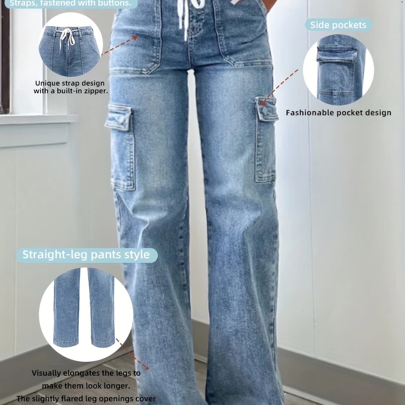 TEMU 2025 New Style Women's Leisure Straight-leg Jeans With Laces And Multiple Pockets. Casual Fashion Denim Fabric Sweatpants Jeans Fit Womenswear