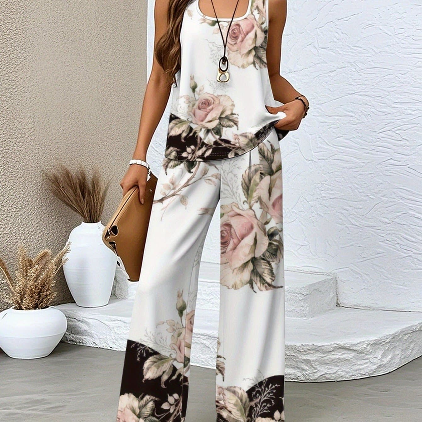 TEMU 2026 Spring/summer Women's 2pcs Set, Sleeveless Top+loose Pants, Bright Print, Fabric, Home Clothing Set, Suitable For Occasions Such As Shopping, Vacation, And Daily Home Use