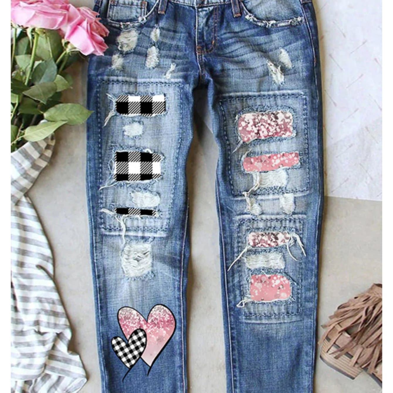TEMU Women's Jeans With Heart, Black And White Checkered Print, Pink Print, Personalized Casual Slim Trousers, Fashionable Printed Jeans