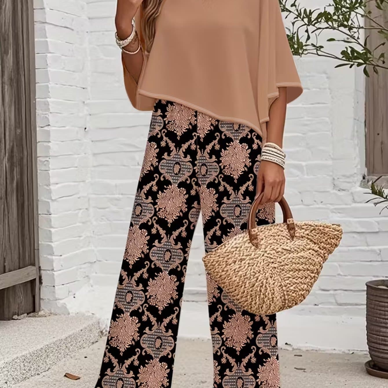 TEMU Two-piece Women's Outfit Featuring A Camel Shawl-style Top And Wide-leg Pants With A Black-brown , Designed For A Loose Fit Suitable For Wear Or