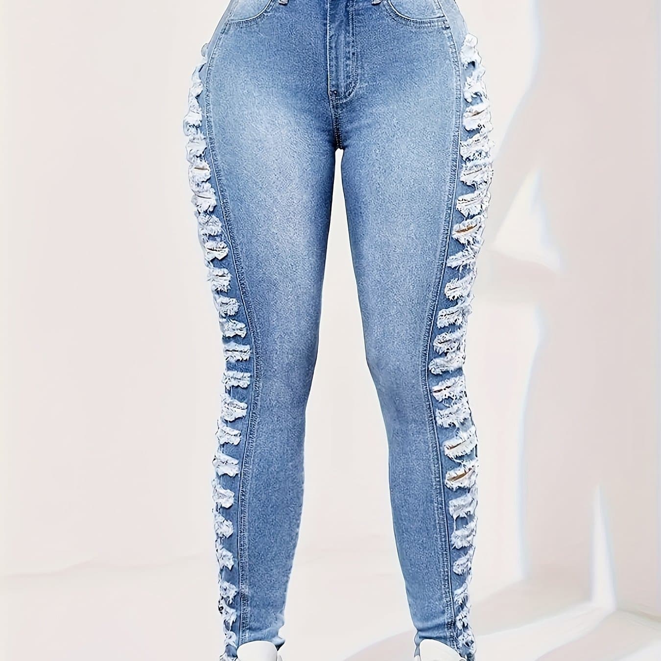 TEMU Women's High-waisted Jeans With Side Ripped Detail - Stretchy Casual Pants, Machine Washable & No Belt Needed