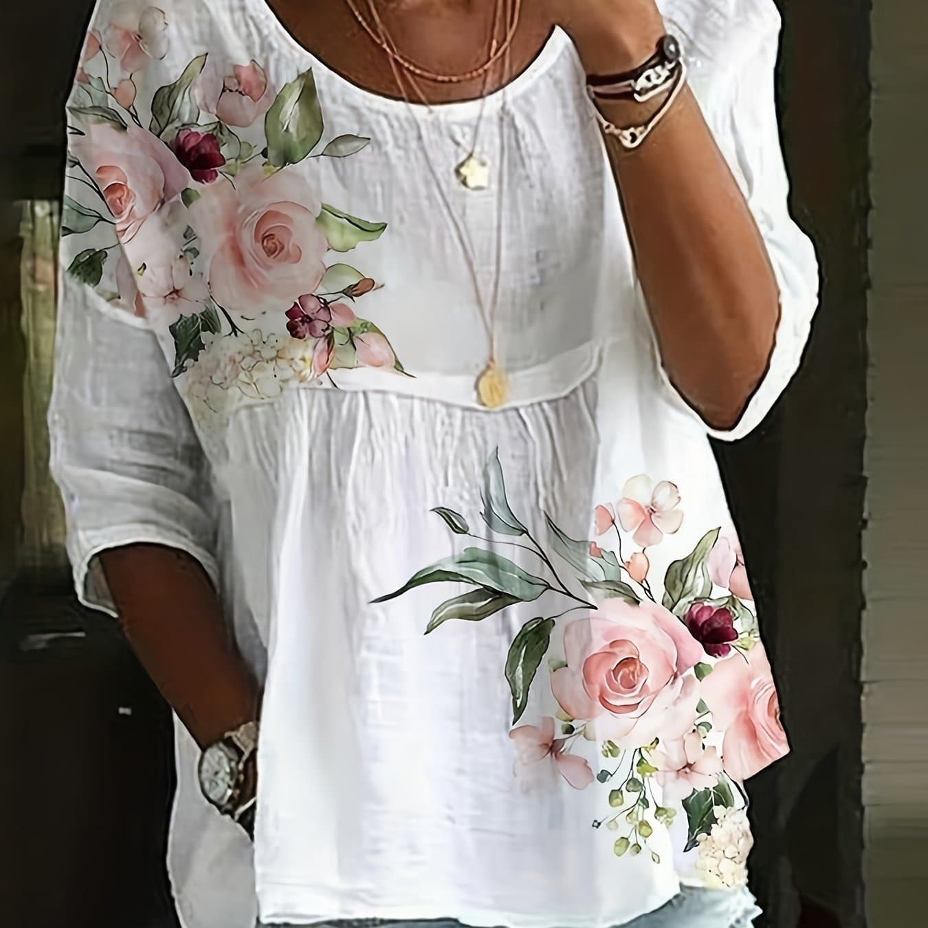 TEMU Plus Size - Plus Size - Style New Elegant Round Neck Casual Top Printed Women's Top