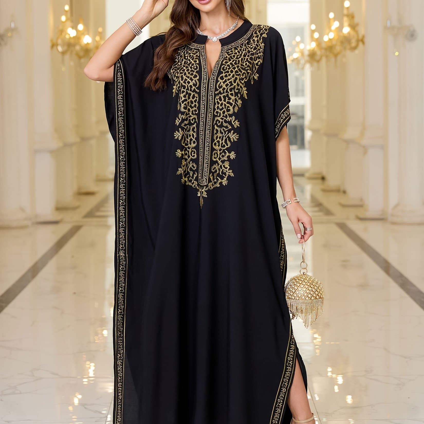 TEMU Ramadan Embroidered Ethnic Kaftan Dress Bat Sleeves Side Slits Elegant Large Size Resort Robe Cover-up Casual And Comfortable Cover-up Q1758