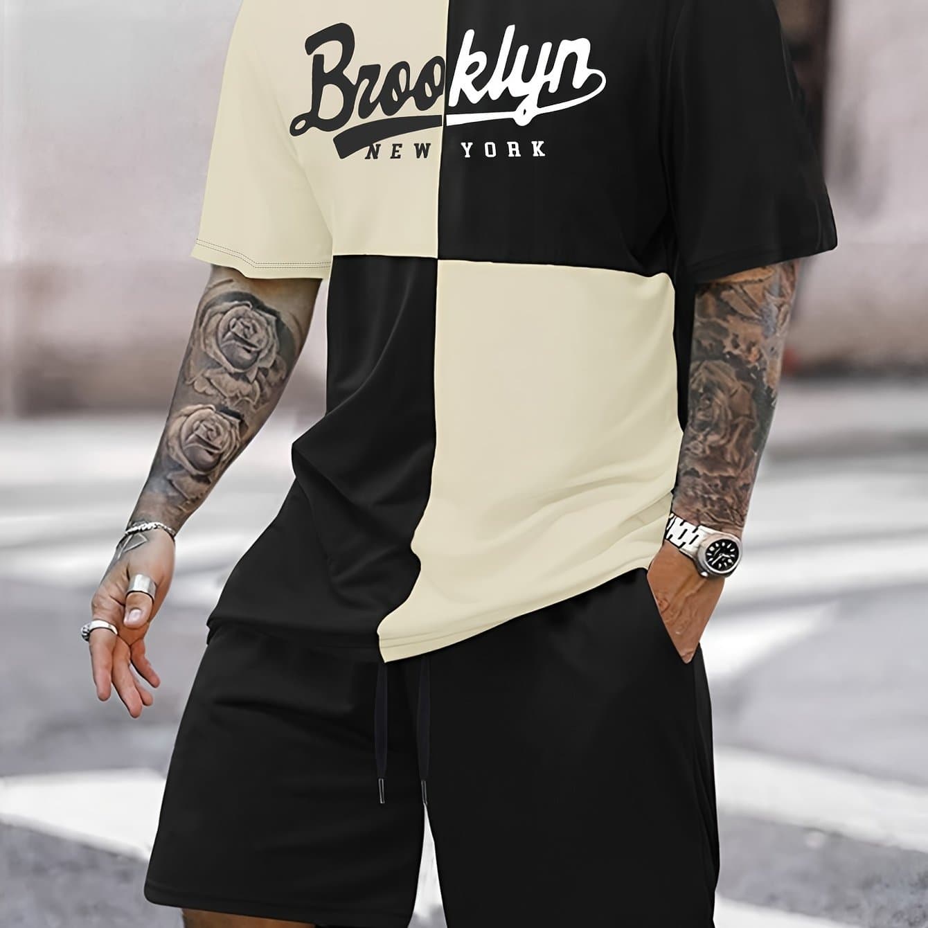 TEMU Contrast Color Pattern And Letter Print "brooklyn " Crew Neck And Short Sleeve T-shirt, Casual Tops For Men's Summer Street Wear
