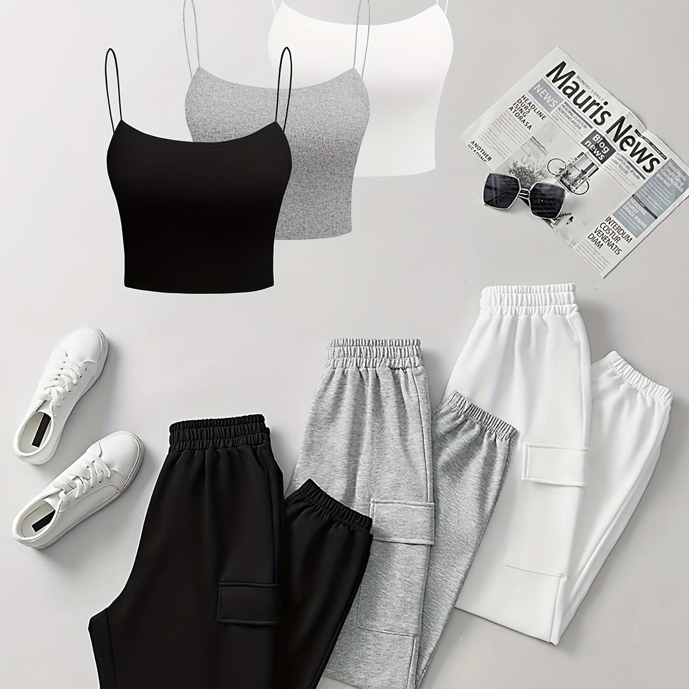 TEMU 6pcs Women's Casual Short Camisole And Elastic Waist Pants Set For Spring And Summer, Solid Color Everyday Outfit