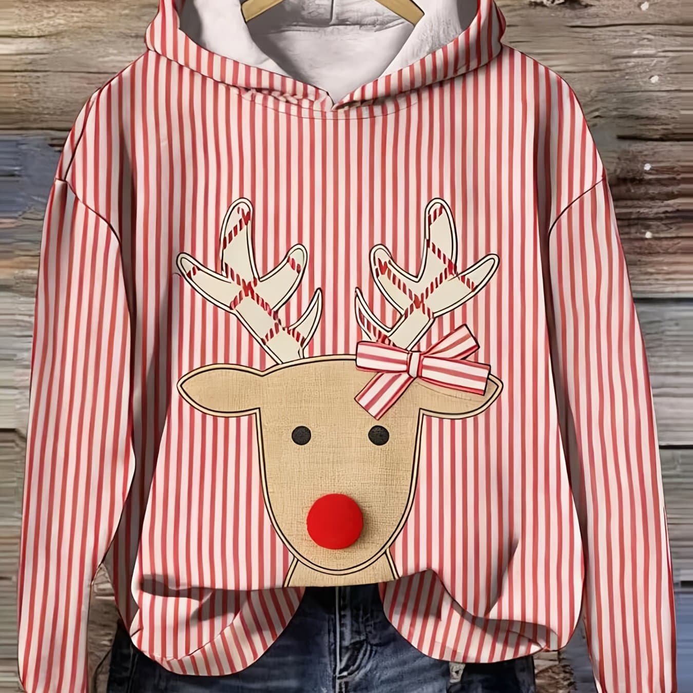 TEMU Plus Size, [printed Design - Not Textured]vintage Christmas Reindeer Patch Art Embroidery Cozy Striped Hoodie