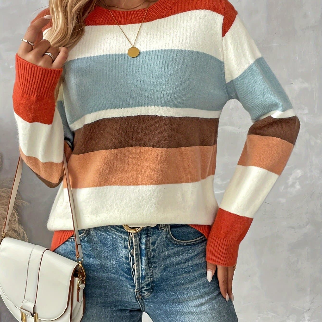 TEMU Women's Round Neck Pullover Sweater, Elegant, Versatile, Simple,, Contrast Color Sweater Top For Women