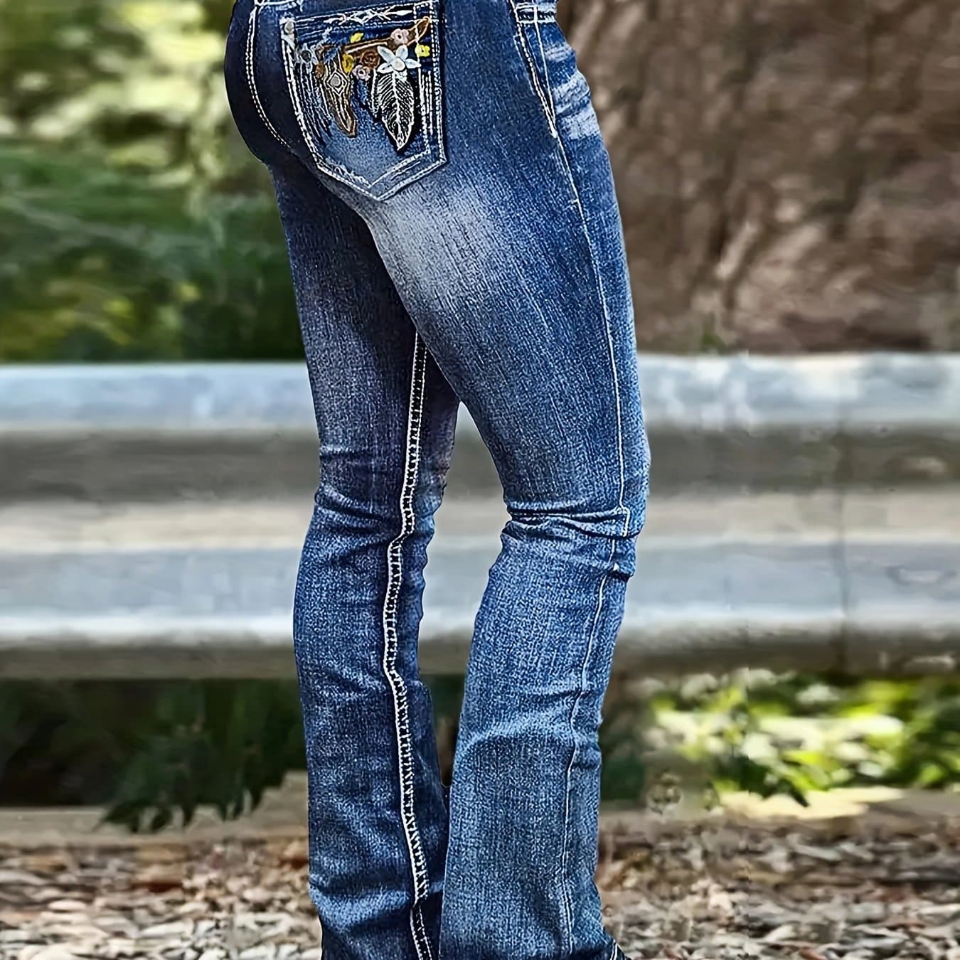TEMU Women's Blue Embroidered Flare Jeans - Casual Stretch Denim With Ethnic Design, Mid-rise, Machine Washable, , Versatile Fashion | Detailed Embroidery