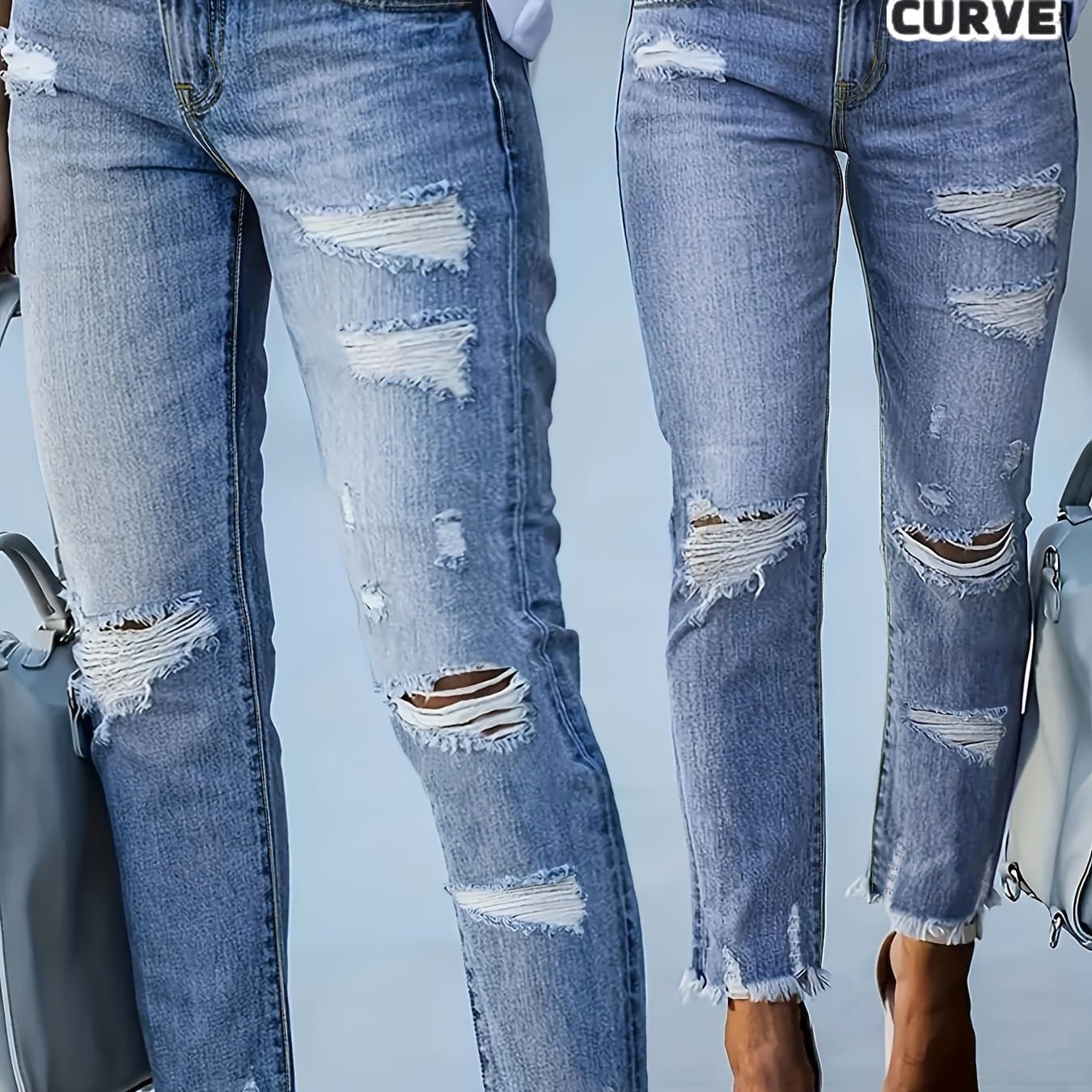 TEMU Plus Size Women's Blue Distressed Washed Denim Jeans | Multiple Rips & Destroyed Hem | Slim Fit, | Versatile Stylish Style For Commuting