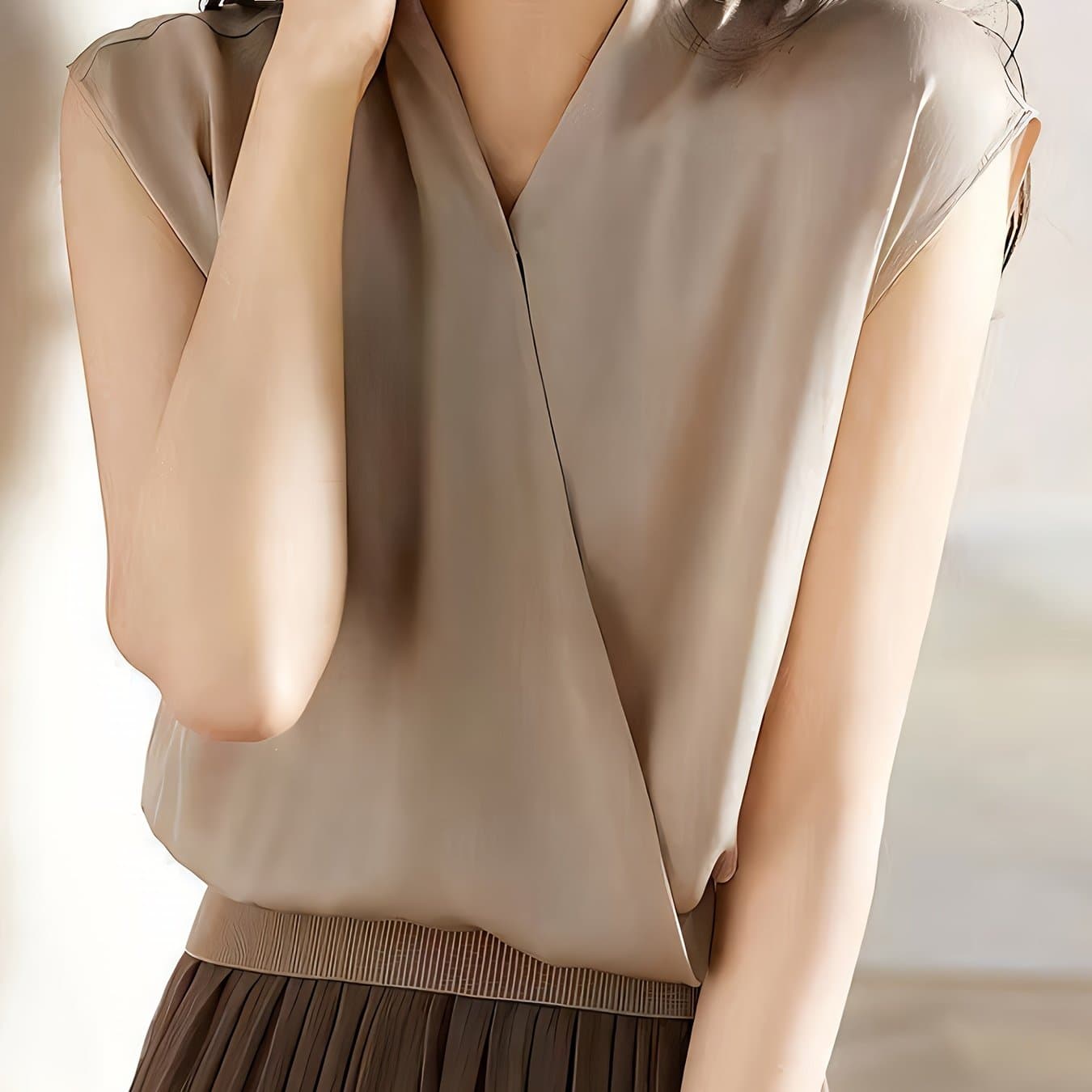 TEMU Women's Chiffon Blouse - Short Sleeve/sleeveless Summer V-neck Top, Solid Color Casual Elegant Shirt, Machine Washable Chiffon Shirt For Beach, Office & Semi-formal Wear (non-)