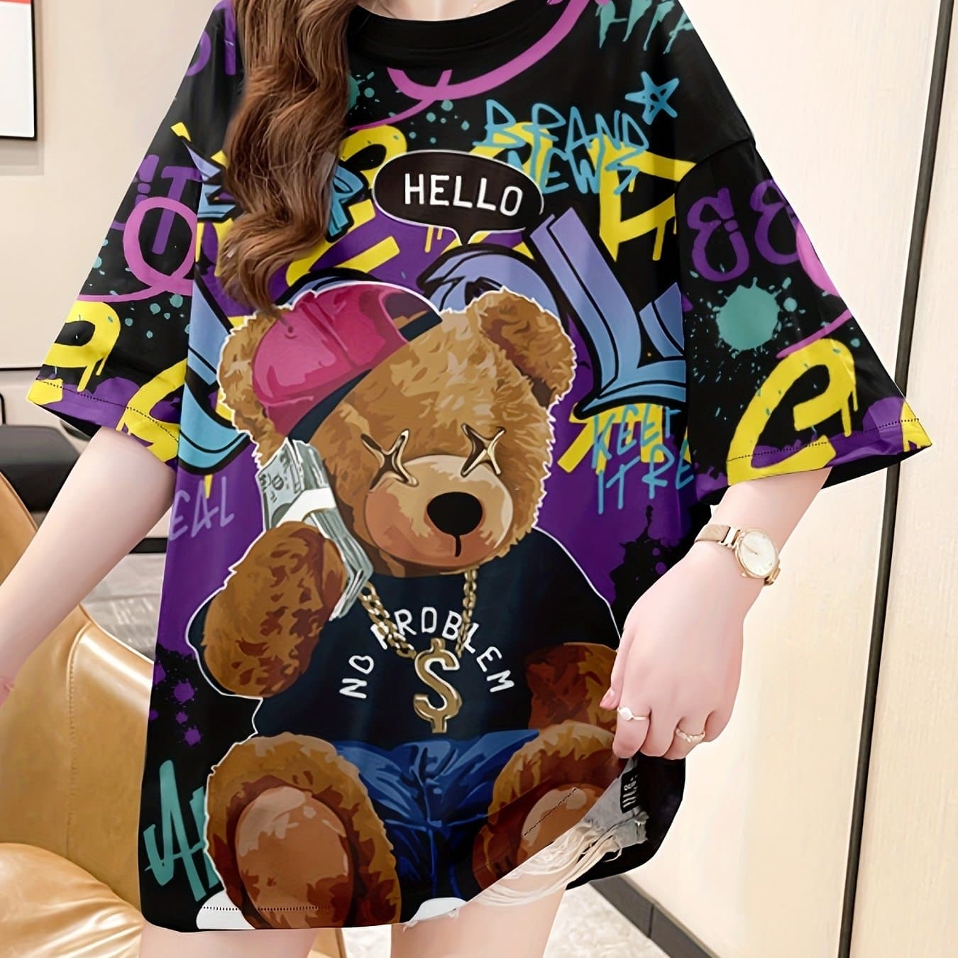 TEMU Summer New Large Size Loose Fashion Trend Slim Cartoon Round Neck Print Ladies Women's Medium And Long Short-sleeved T-shirt Clothes