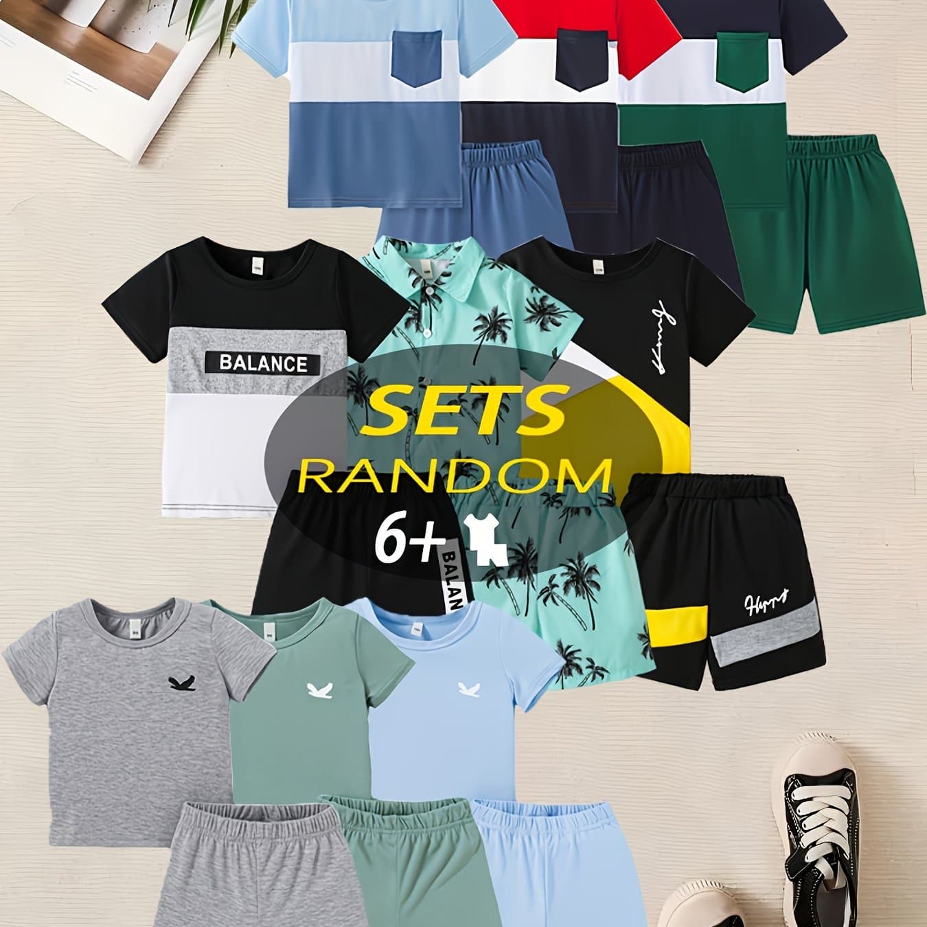 TEMU 12pcs Boys' Casual Fashion Set, Random 6 Styles, 6 Shirts And 6 Shorts, Summer New Multi-pc, Suitable For Outdoor Activities