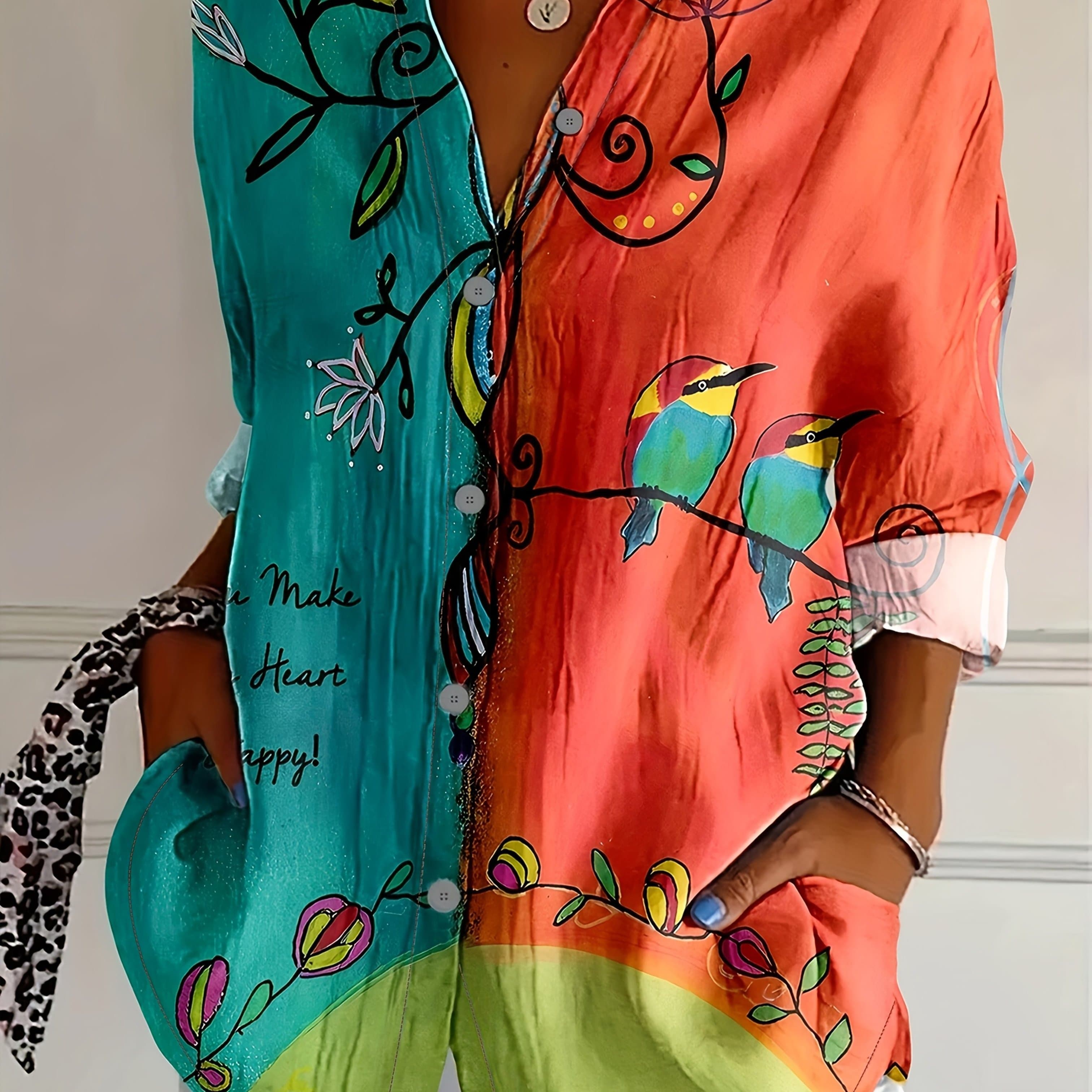 TEMU A Long-sleeved Shirt For Women Featuring A Vintage Bird And , In A Green And Orange. This Classic Collared Top Is Suitable For All , Combining Casual With A Versatile Style