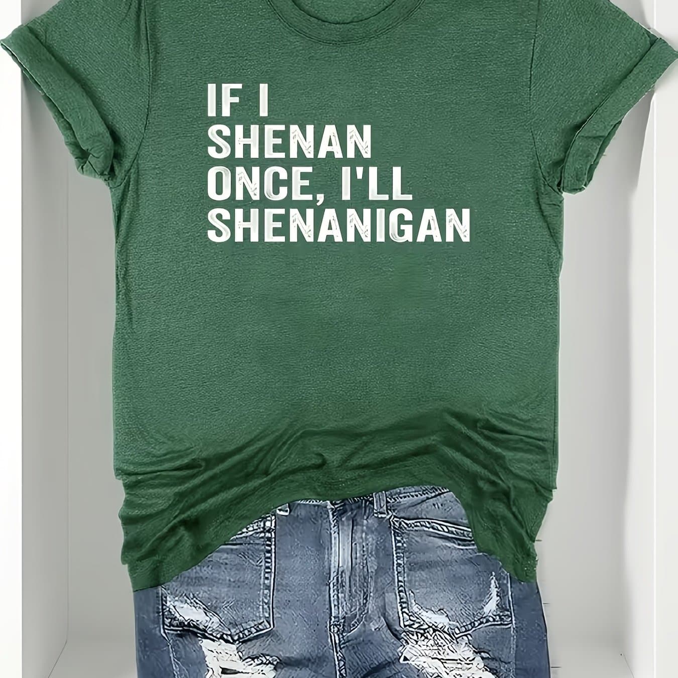 TEMU Ladies' Casual Summer T-shirt - Women's Knotted With Graphic Print 'if I , Shenanigan', Round Neck, For Everyday Wear And Sports, Style Tee