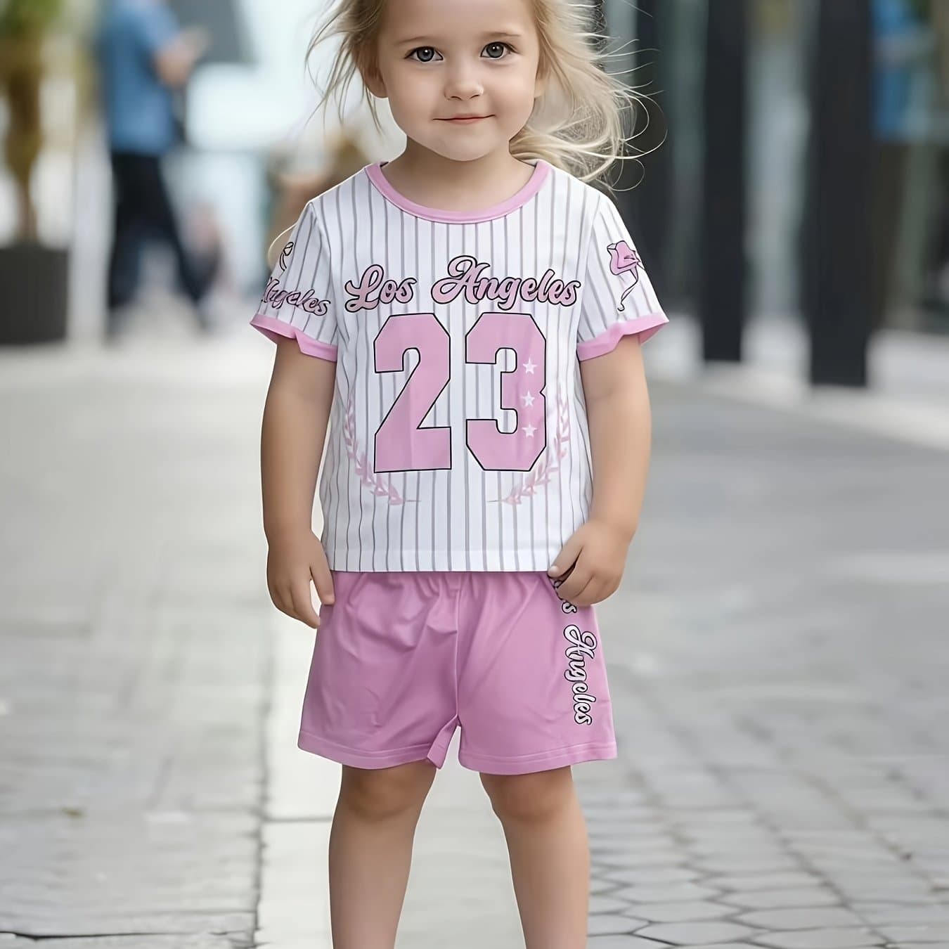 TEMU Sporty Style Number 23 Letter Stripe Girls Short Sleeve Shorts Set New Arrival, For Outdoor