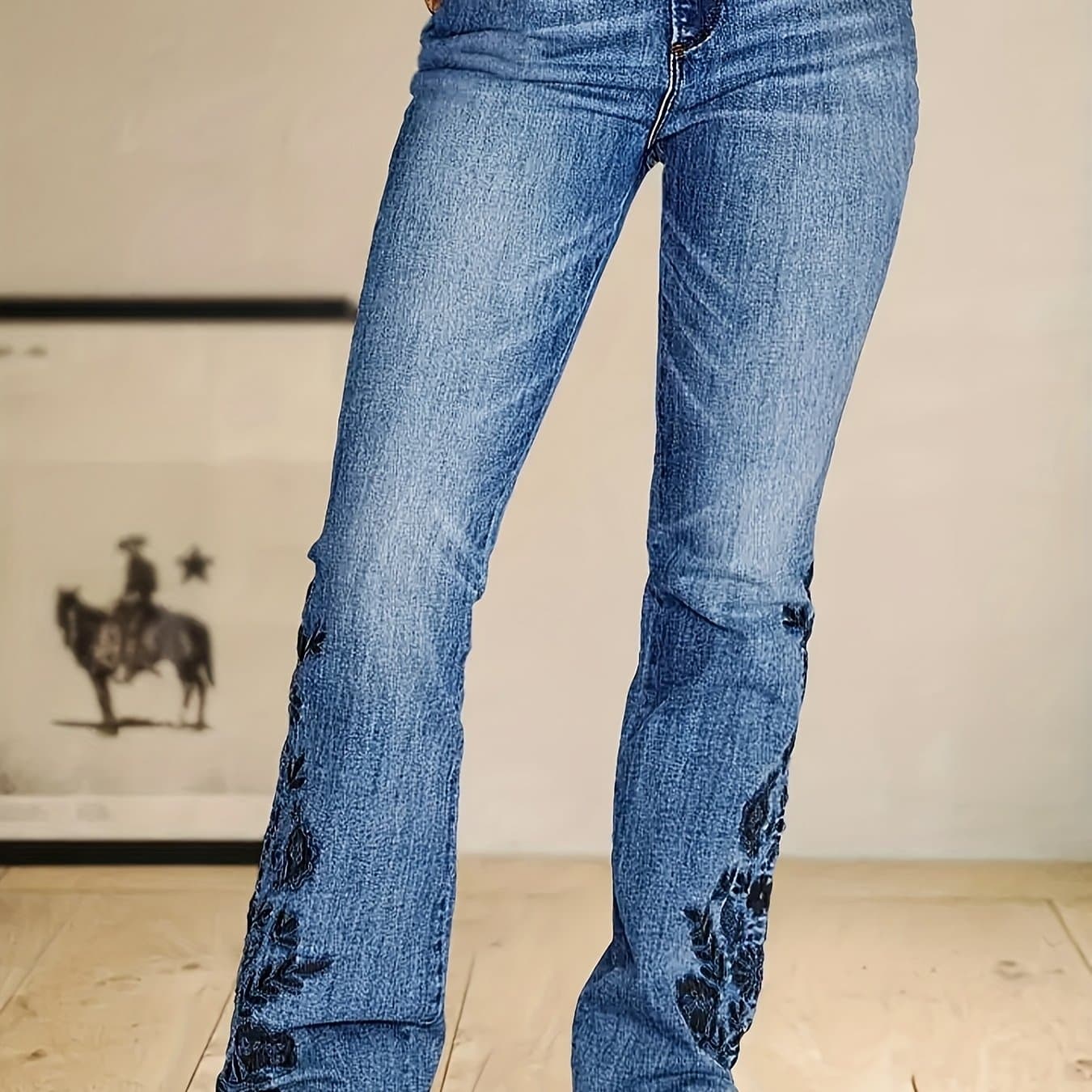 TEMU [hme] Color Contrast Embroidery Women's Micro Cropped Denim Pants, Elastic Fabric Comfortable Lift , Pocket Built-in Zipper, Heavy Washing Classic , , Women's Denim Pants