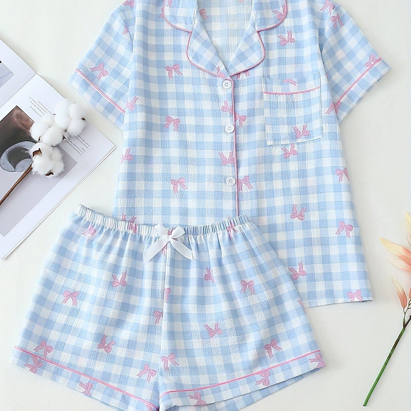 TEMU Chic Women's Summer Pajama Set - Short Sleeve, Shorts With Bow Print, Design, Button-up Top & Bow Shorts, Light Check Pattern, Casual , Casual Pajamas | Checkered Pattern Top | Top, Short Pajamas