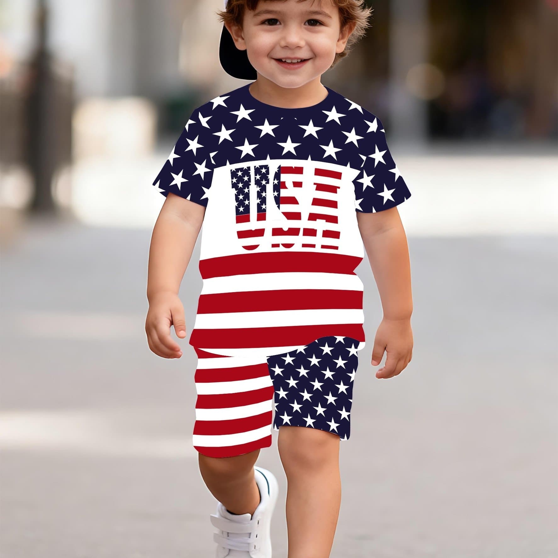 TEMU 2pcs Boys Summer Shorts Set- Cartoon 3d Flag Print Round Neck Top+ Casual Comfortable Shorts, Perfect Gift For Outdoor Activities