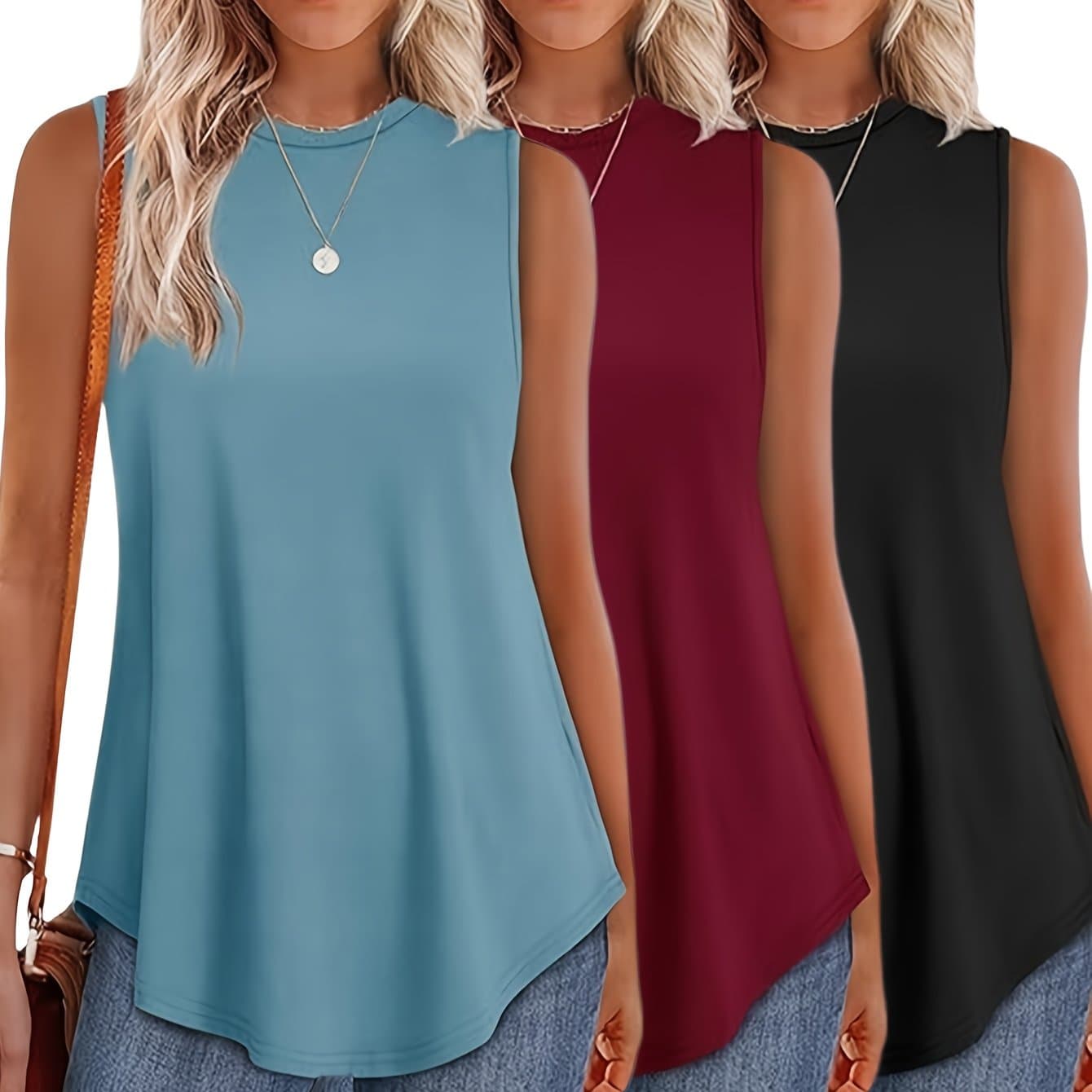 TEMU 3pcs Set 2025 European And Casual Loose Print Round Neck Waist-tied Sleeveless Vest