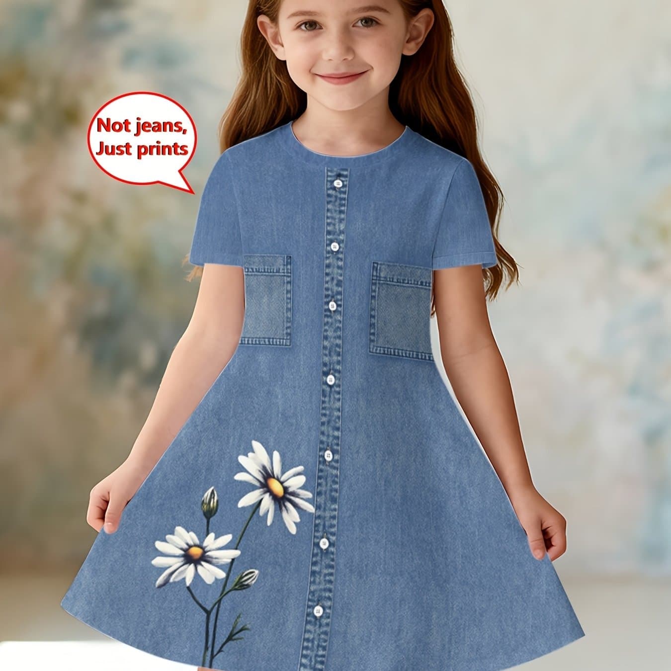 TEMU Girls' Summer Fashion Short-sleeve Dress, 3d Printed Denim-look Casual Dress, Gift For Children, Perfect For Daily Wear/holidays