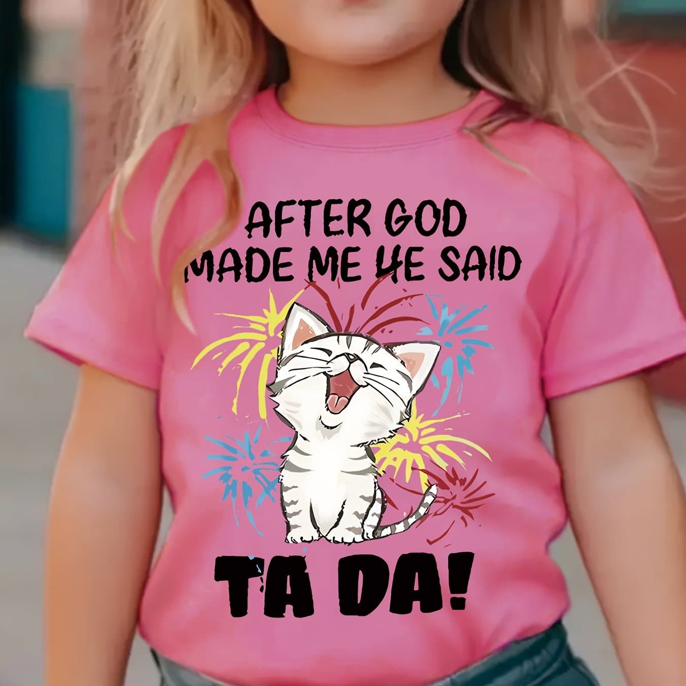 TEMU Girls "cute Kitten" Print 100% Cotton Short Sleeve T-shirt, Comfy Casual Tees For Girls Summer