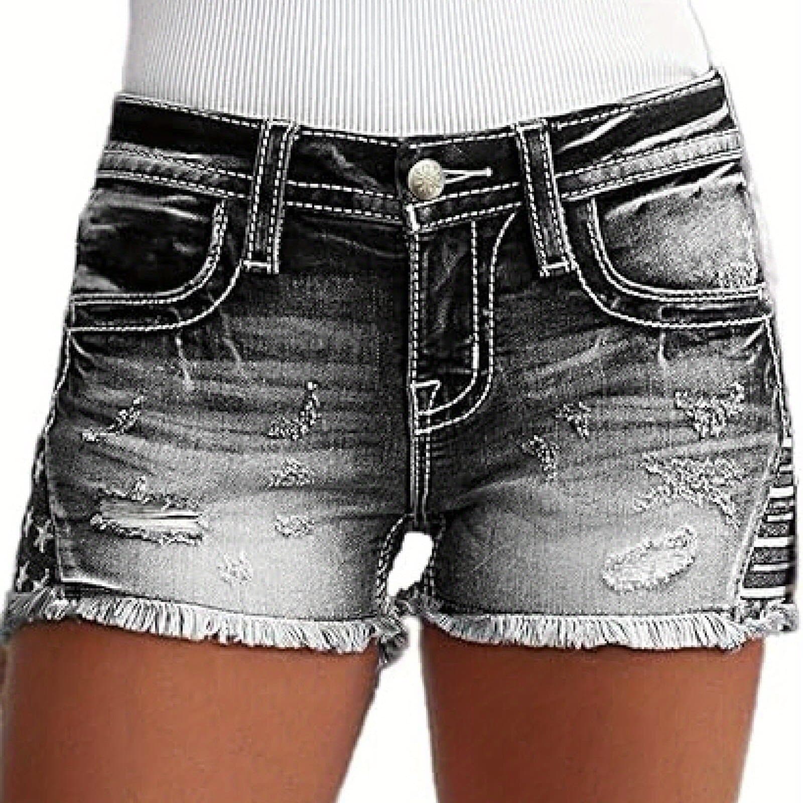 TEMU [hme] New Arrival Women's Fashion Ripped Black Denim Shorts. Mid-rise Design Enhances The Waistline, Frayed Hem Shows Leg Lines, Women's Denim Shorts.