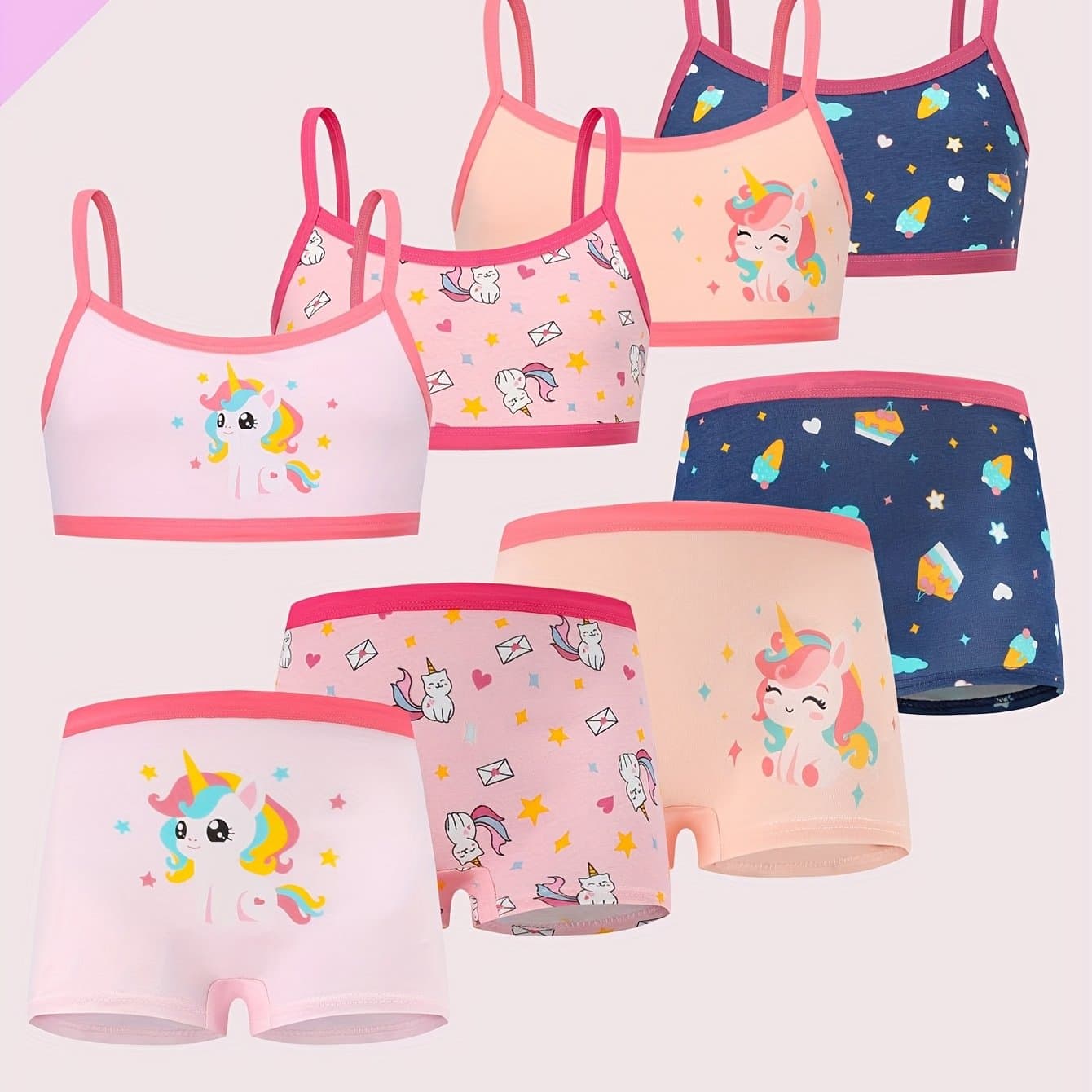 TEMU 4pcs/8pcs Pack Girls Teens Bras & Underwear - Cute Unicorn Pattern Matching Panty Sets, Breathable Elastic Comfortable Teen First Period Underwear, Basic Casual Attire (hand Washable)