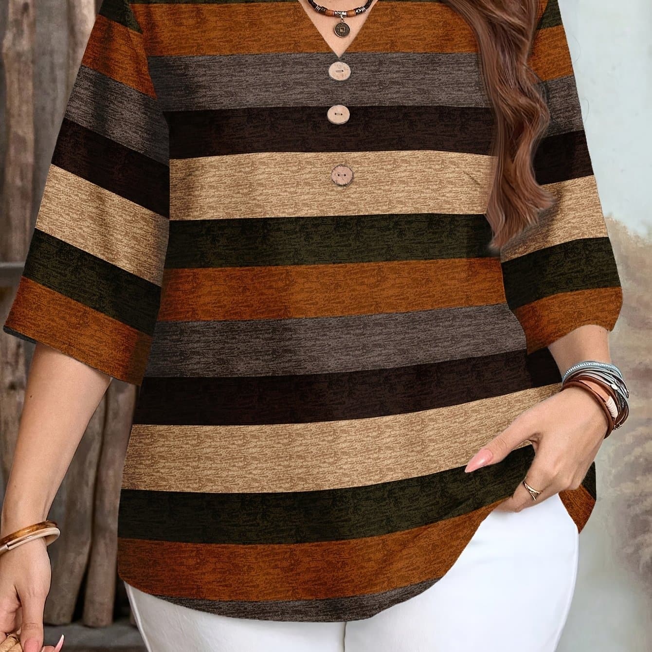 TEMU Plus Size Women's Elegant Striped Print Shirt, Three-button Design, V-neck Pullover Shirt Spring And Summer Casual Loose Blouse Top