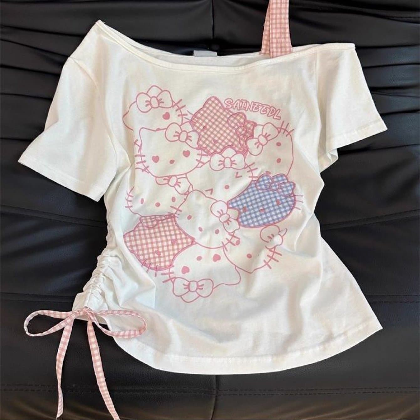 TEMU Cute Hello Kitty Print Bow Short-sleeved T-shirt, Women's Summer Slim--shoulder Irregular Top, Comfortable Fabric, Soft Material, For