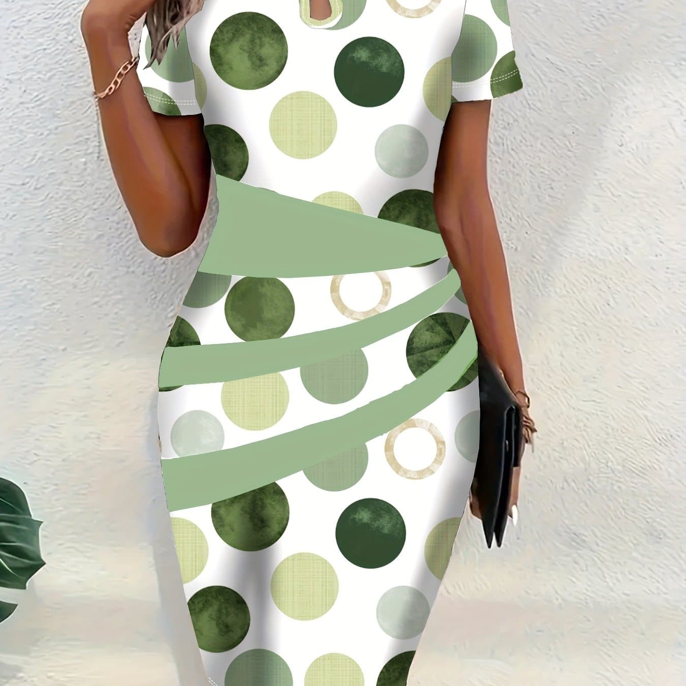 TEMU Polka Dot Contrast Dress, Fashion Casual Women's, , Hollow Neck Design, Dating Vacation, Daily , Home Versatile, Elegant Temperament, Summer Women's Waist-cinching -hugging Dress