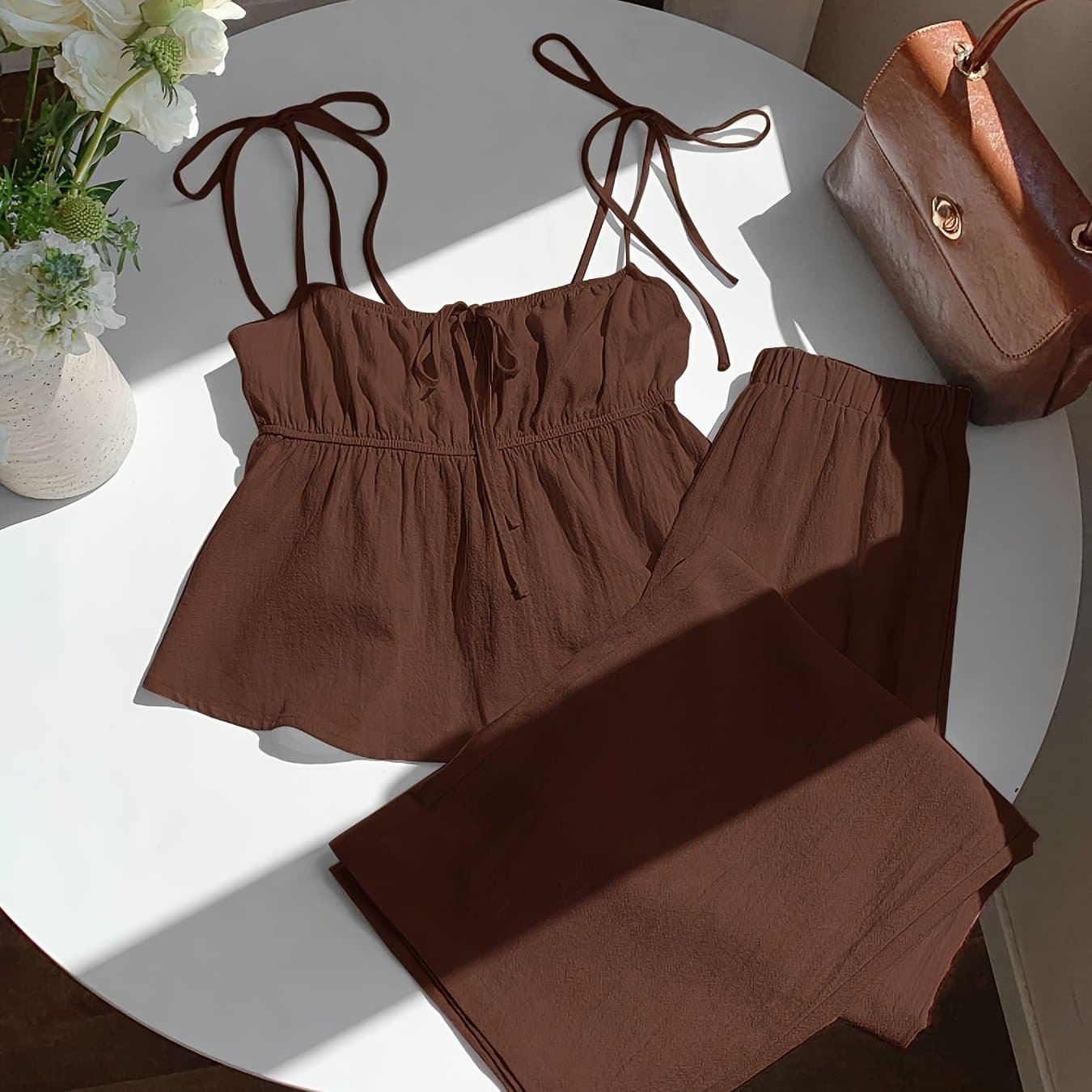 TEMU Women's Spring/summer Fashion Commuter Solid Color Spaghetti Strap Tie-back Ruffle Top And Elastic Waistband Wide-leg Pants Set