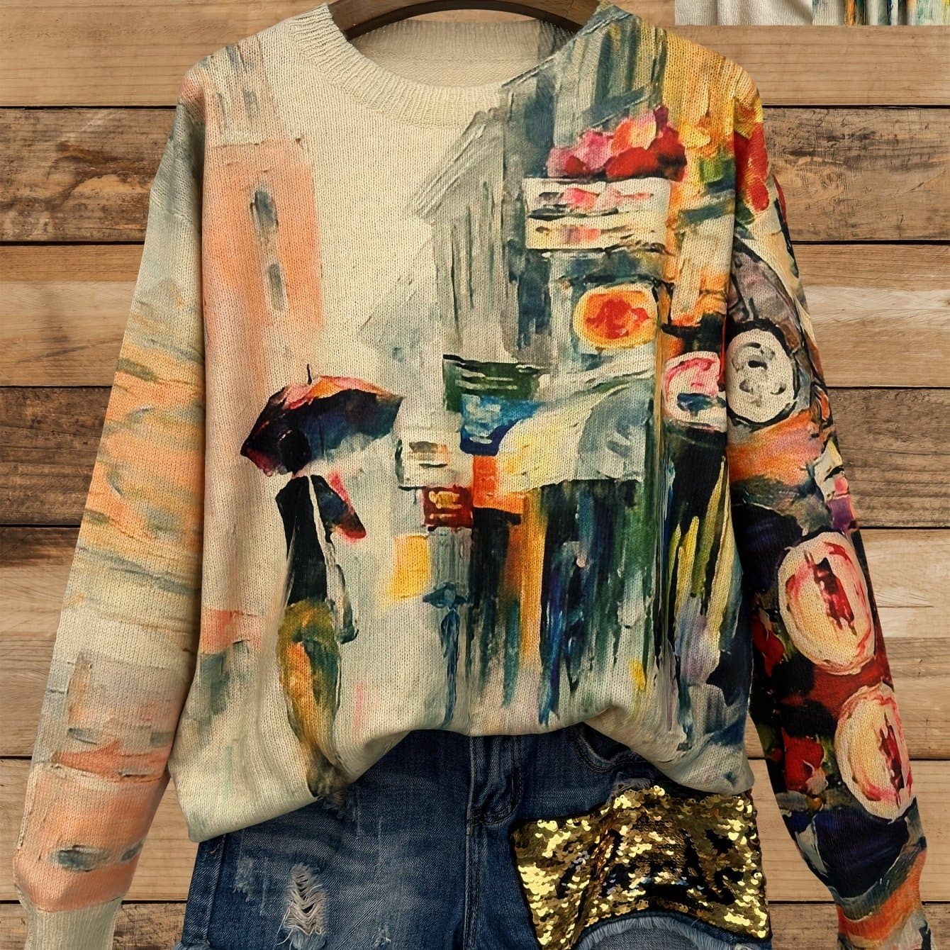 TEMU [all-] [thin] [sweater] Painting Style Pattern Thin, Casual Crew Neck Long Sleeve Sweater, Women's Clothing