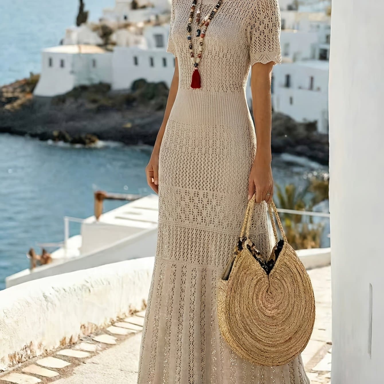 TEMU Elegant Women's Dresses For Spring And Summer, Casual Short-sleeved Dresses, And Openwork Beach Dresses Suitable For Evening Parties And Beach Wear.