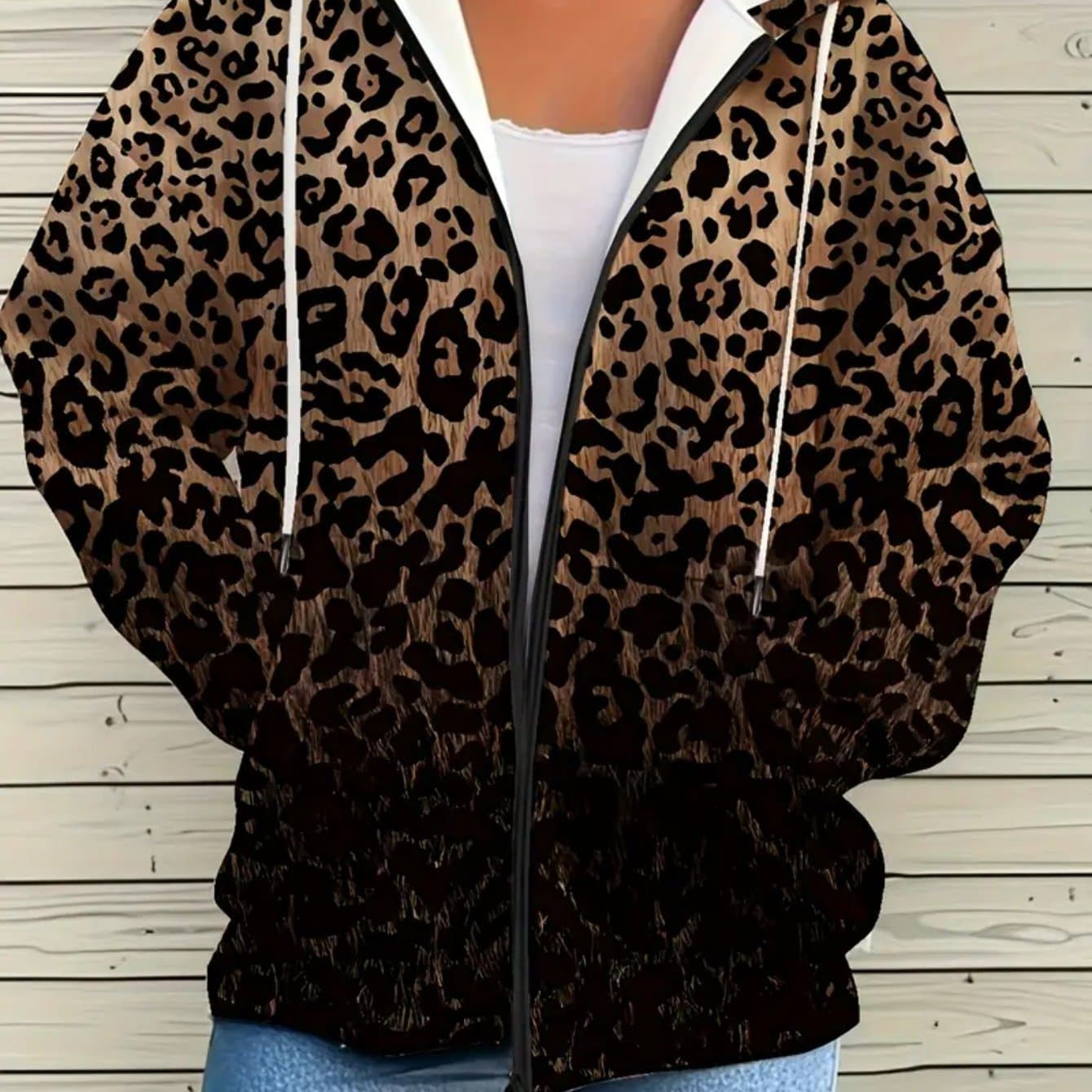 TEMU Women's 3d Gradient Leopard Print Print Zip-up Hoodie Jacket - Casual Loose Fit Sweatshirt With Pockets, Long Sleeves, And Front Zipper Detail V-neck Design, The For Autumn And Winter.