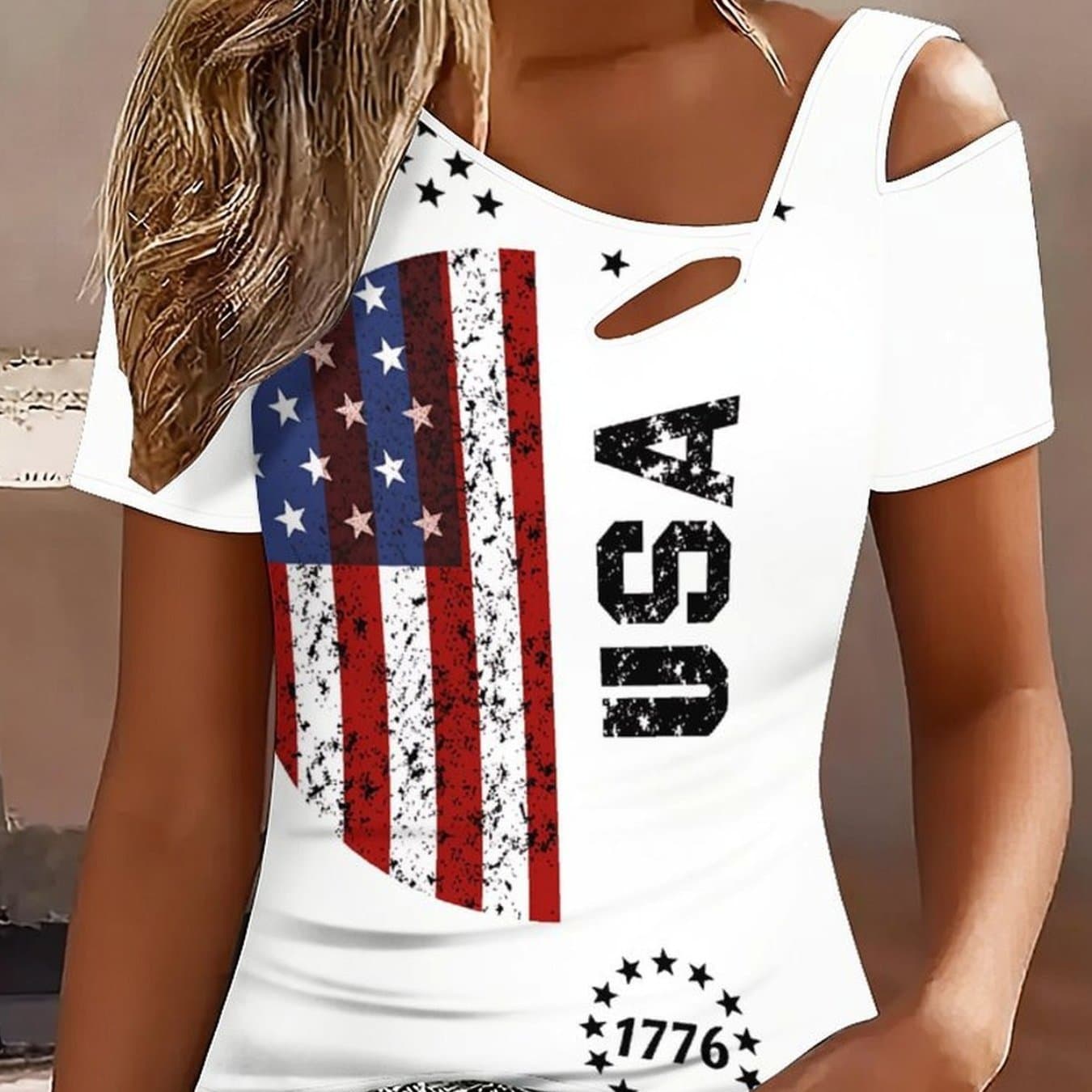 TEMU New Cool American Flag Printed Short Sleeve Off Shoulder T-shirt For Women, With A Careful Hole Design On . The Simple And Not , And The 3d Printing Adds More Texture. Hole Design Adds A Touch Of