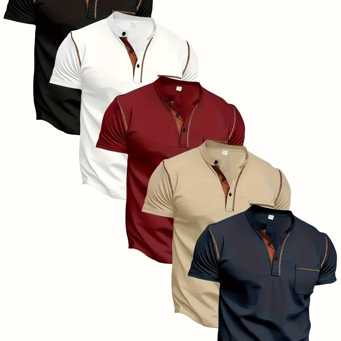 TEMU [5pcs Value Pc] Men's Trendy Henley Short-sleeve T-shirts Are Here! Made Of High-quality Fabric, Are Skin-friendly And Breathable, Bringing An Comfortable Wearing Experience