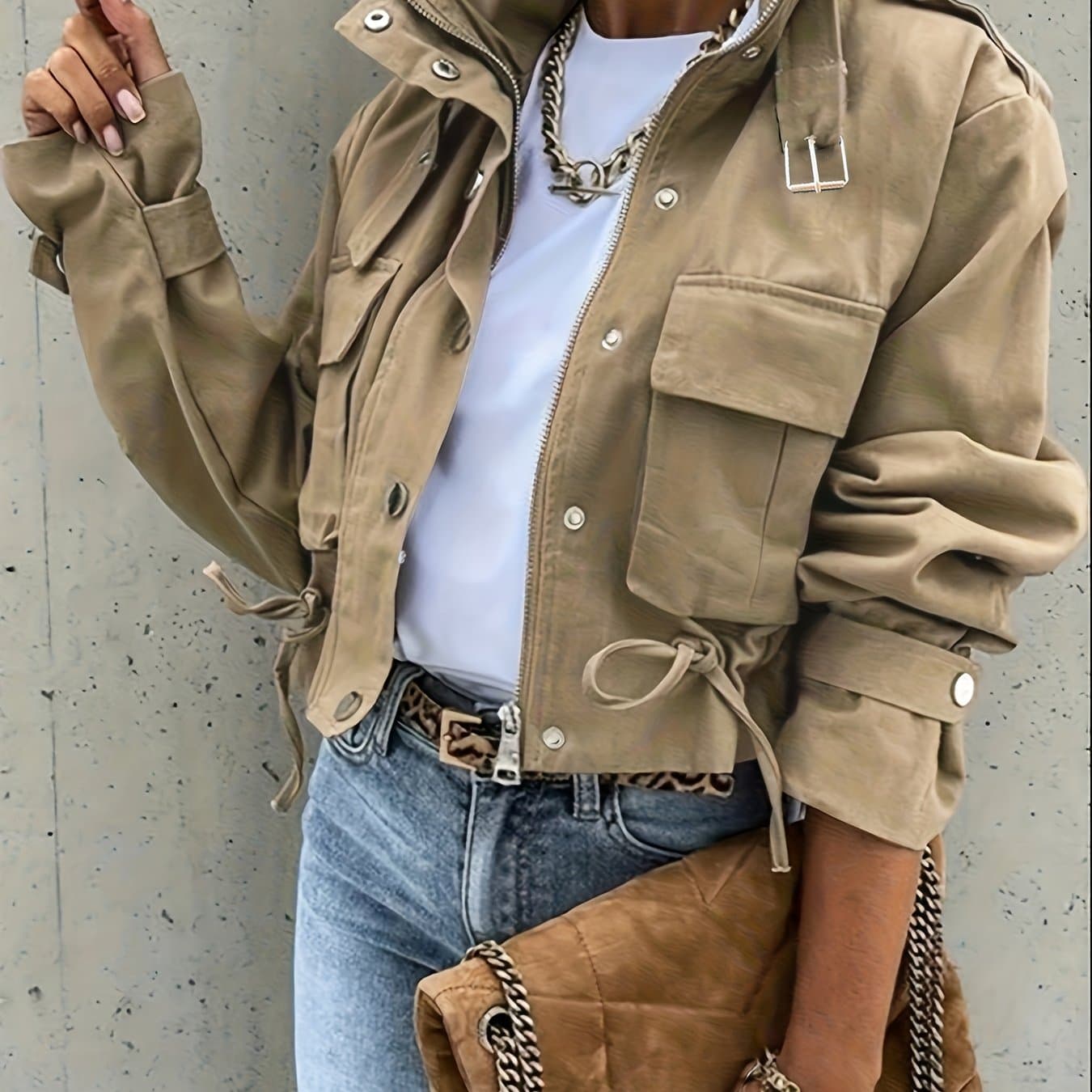 TEMU Women's Spring/fall Casual Stand Collar Lace Up Jacket, Short Sleeve, Solid Color, Fashionable Biker Style, Breathable, Versatile Everyday Wear, , For Women