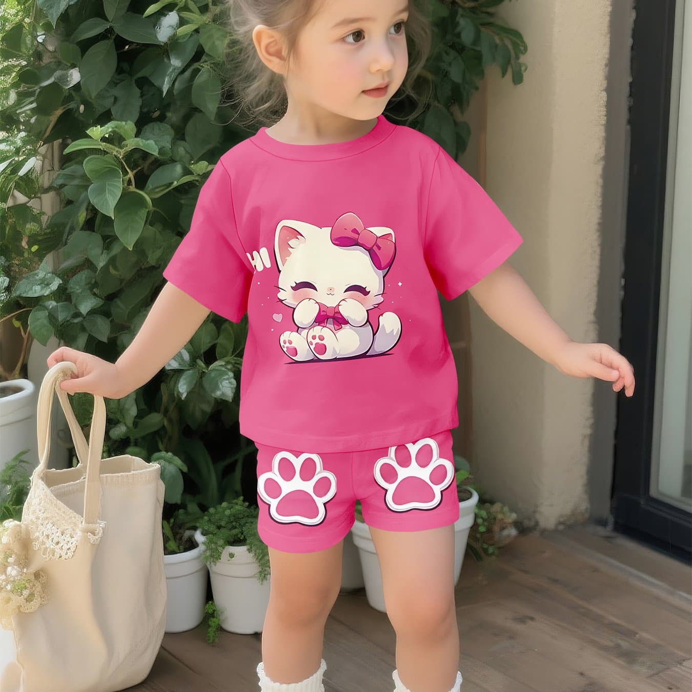 TEMU 2026 Summer 's Day Rose Pink Bow Cute Print Short Sleeve Shorts Set, A Versatile And Fashionable Casual Outfit Perfect For Holidays And Birthdays, For Outdoor