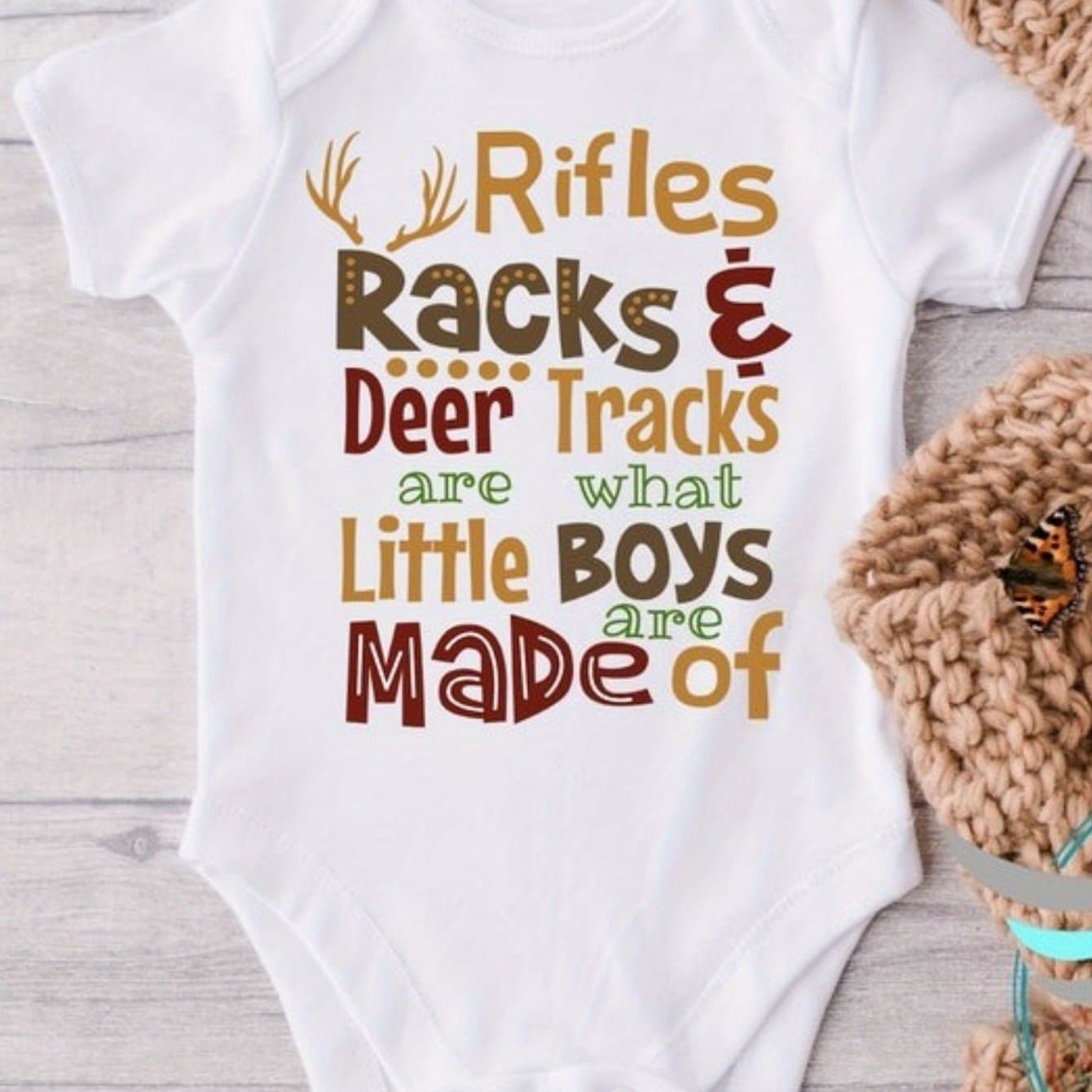 TEMU Deer Onesie Rifles Racks & Deer Tracks, Cute Boy Onesie Deer Hunting, Future Hunter, Baby Shower Gift, , Perfect For Outdoor