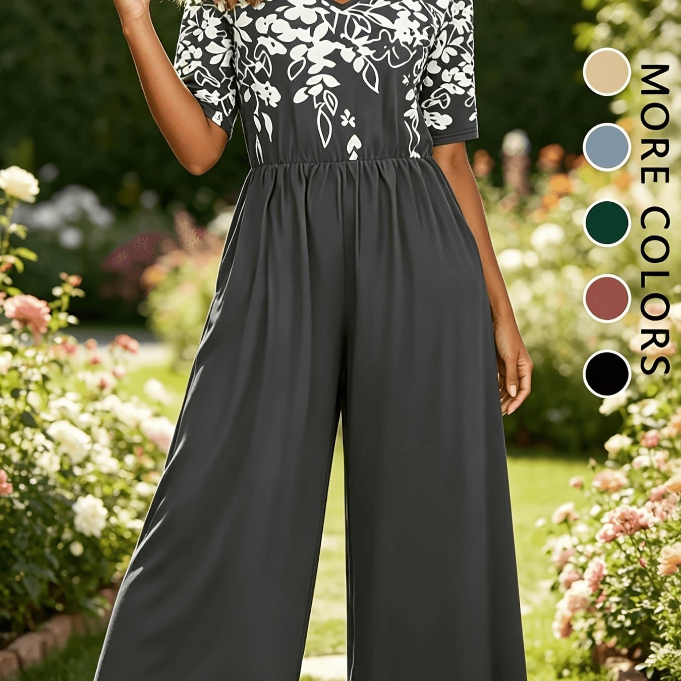TEMU Summer Fashion Flower Print V-neck Jumpsuit With Loose And Slim Fit, Wide Legs And 9 Quarter Waist , Covering The Flesh Jumpsuit, Casual And Versatile Commuting And Women's Clothing