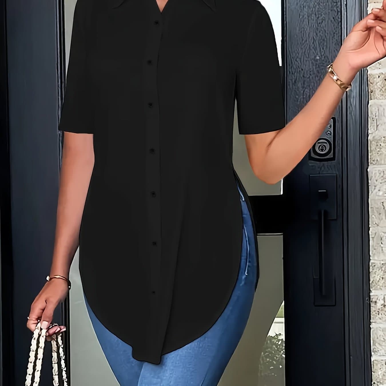 TEMU Women's Elegant Black Short Sleeve Slit Blouse