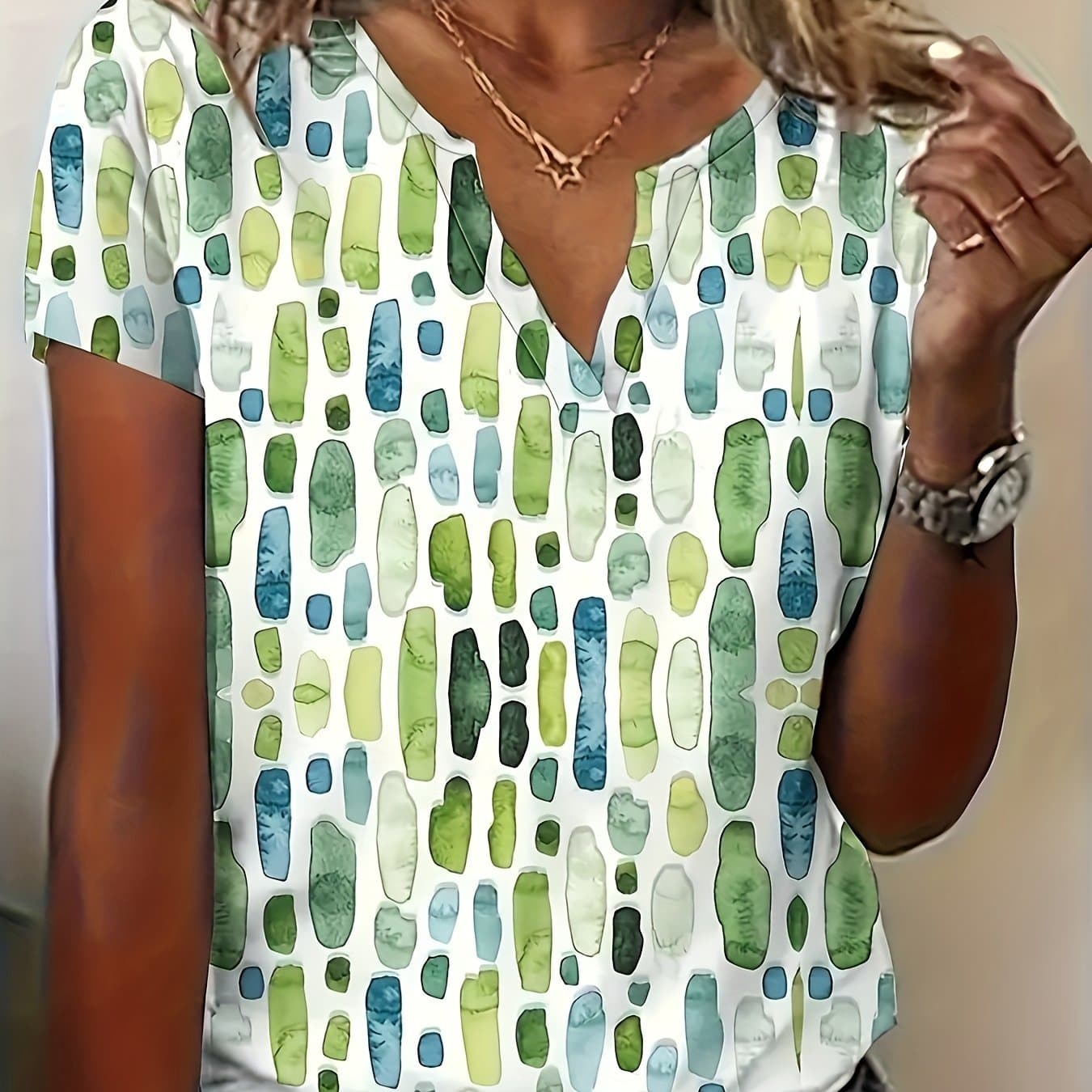 TEMU New Summer V-neck Printed Short-sleeved T-shirt Loose Casual Top