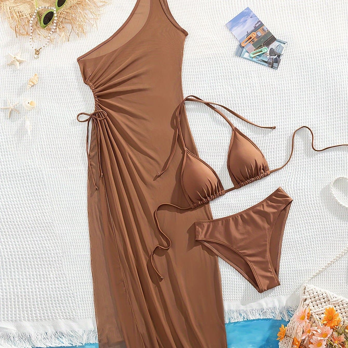 TEMU Bikini Set Bra & Bikini & Drawstring Hollow Side Cover-up Dress 3pcs Swimsuit